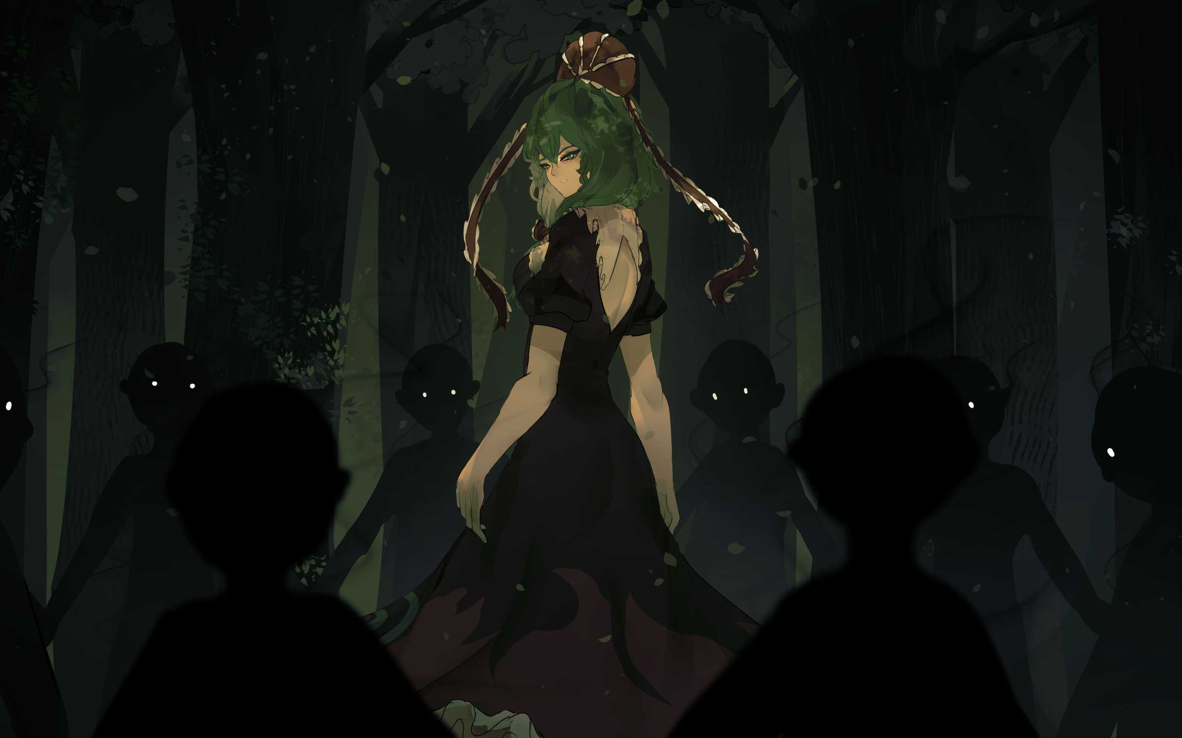 Hina Kagiyama from Touhou with shadowy figures HD Wallpaper