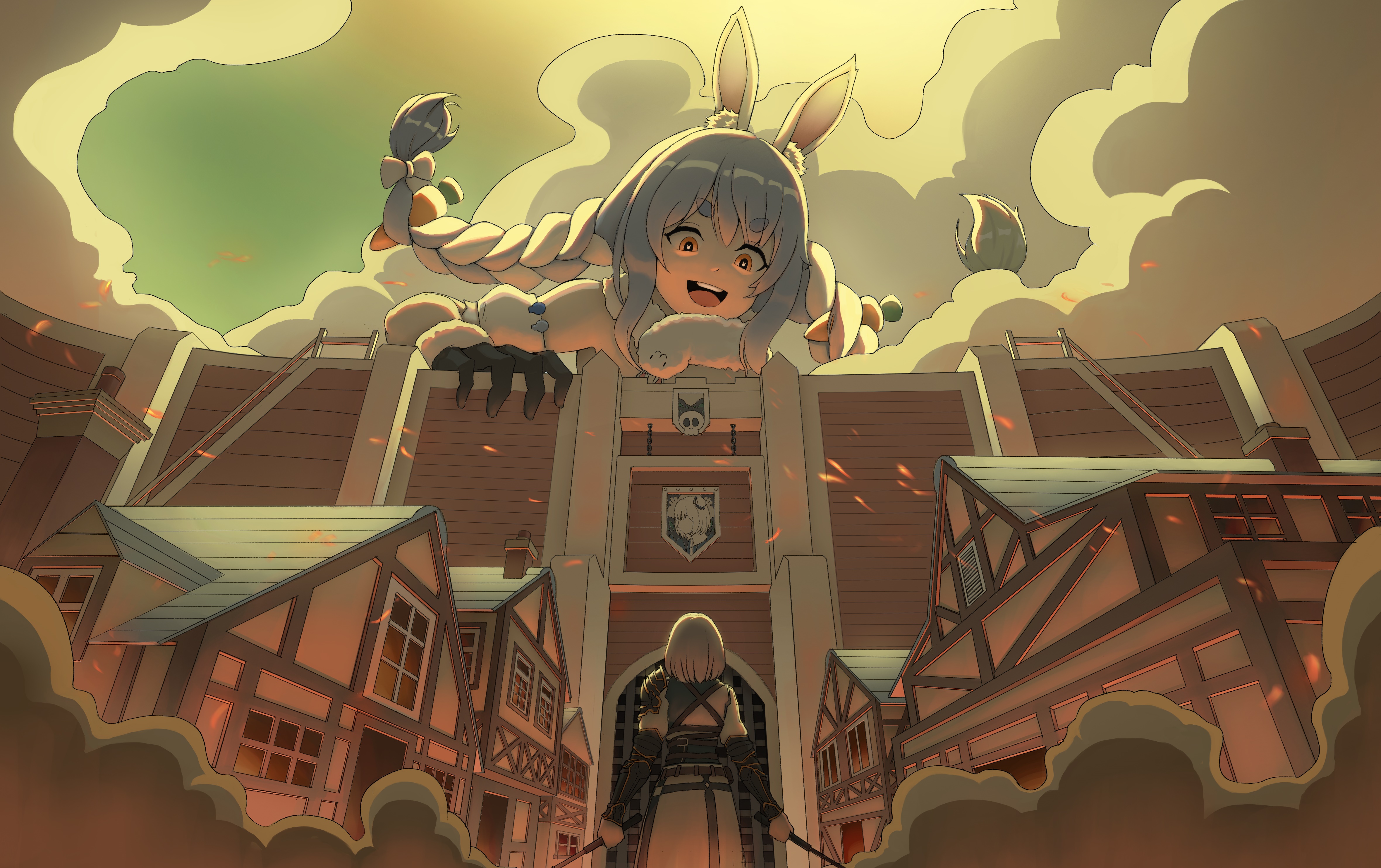 Usada Pekora from Hololive as a Titan over a city HD Wallpaper