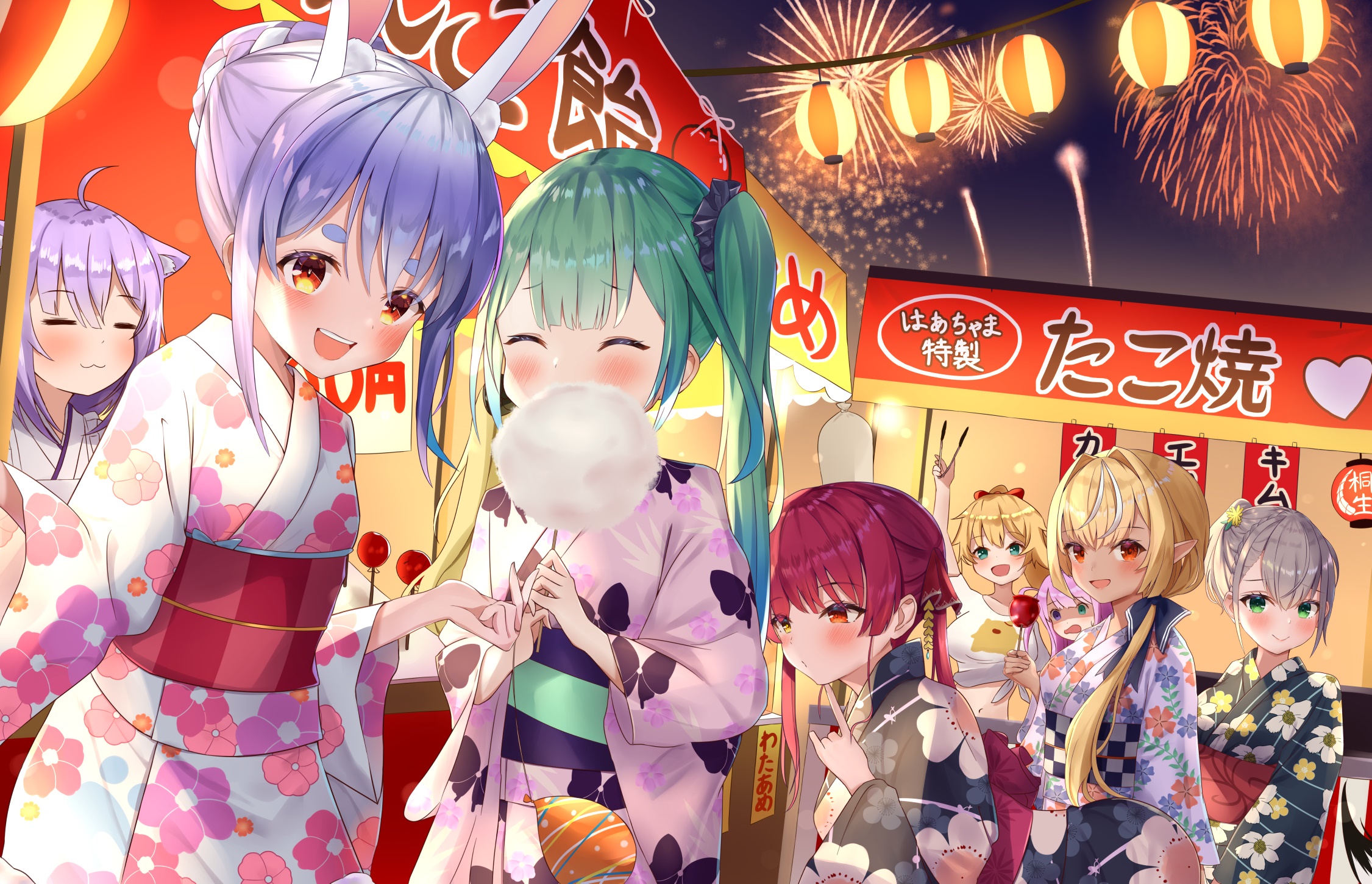 Hololive characters at a summer festival with fireworks HD Wallpaper