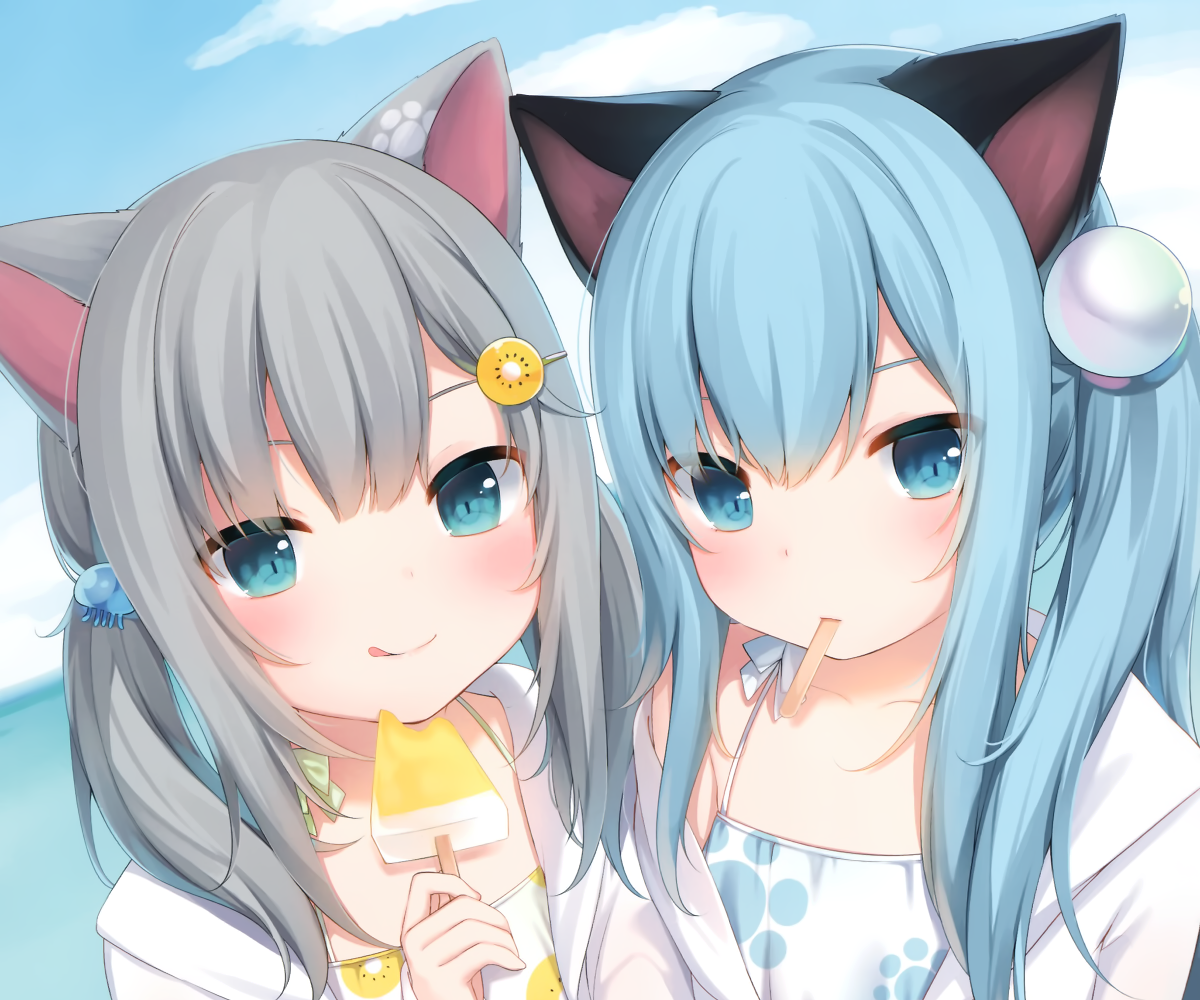 Nekoha Shizuku and Nachoneko Anime Girls with Popsicles HD Wallpaper