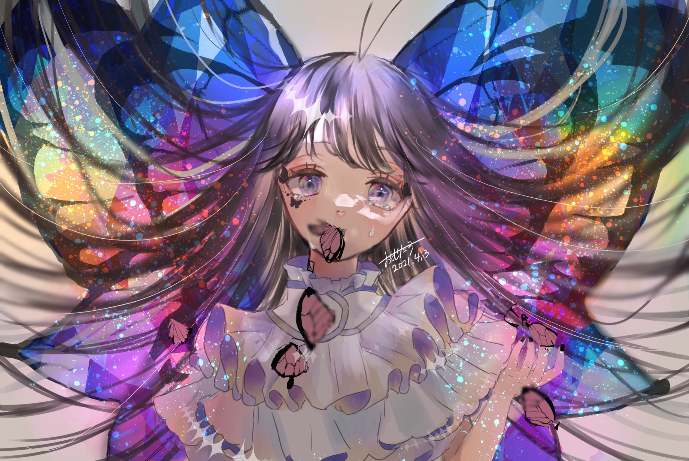 Girl with butterfly wings and colorful hair HD Wallpaper