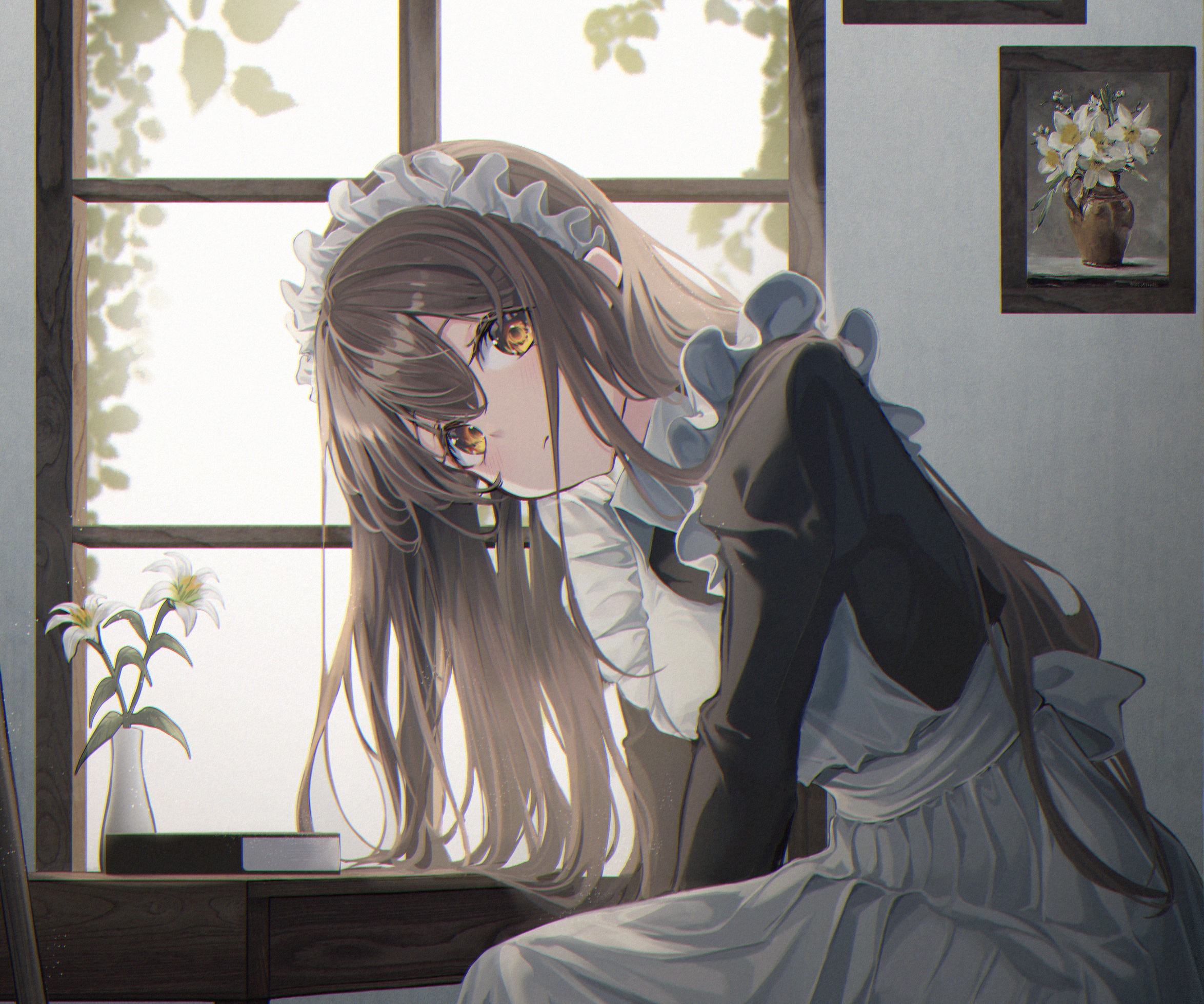 Girl in Maid Outfit by the Window HD Wallpaper