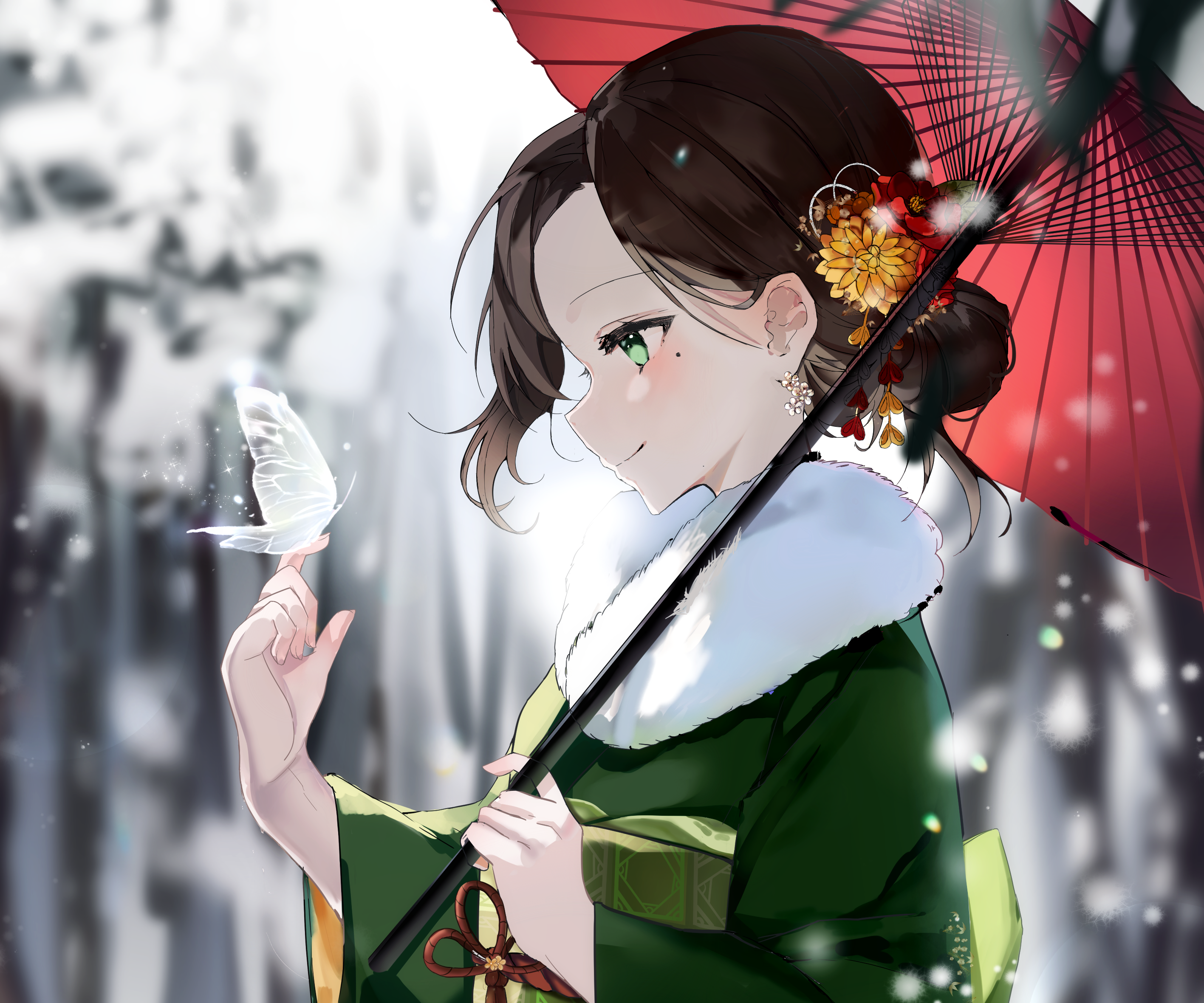 Girl in Kimono with Butterfly and Umbrella HD Wallpaper