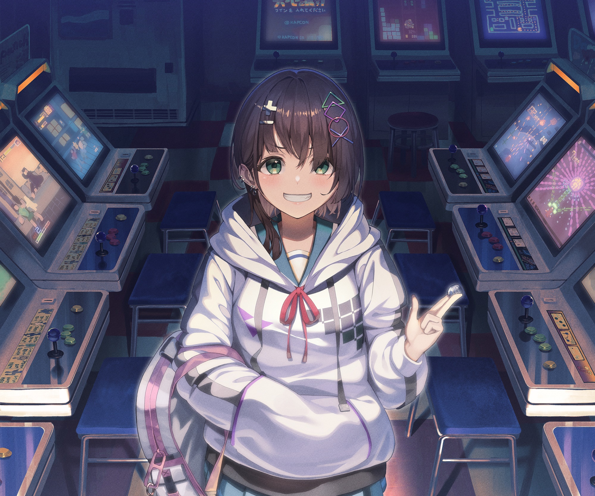 Girl in an arcade with game machines HD Wallpaper