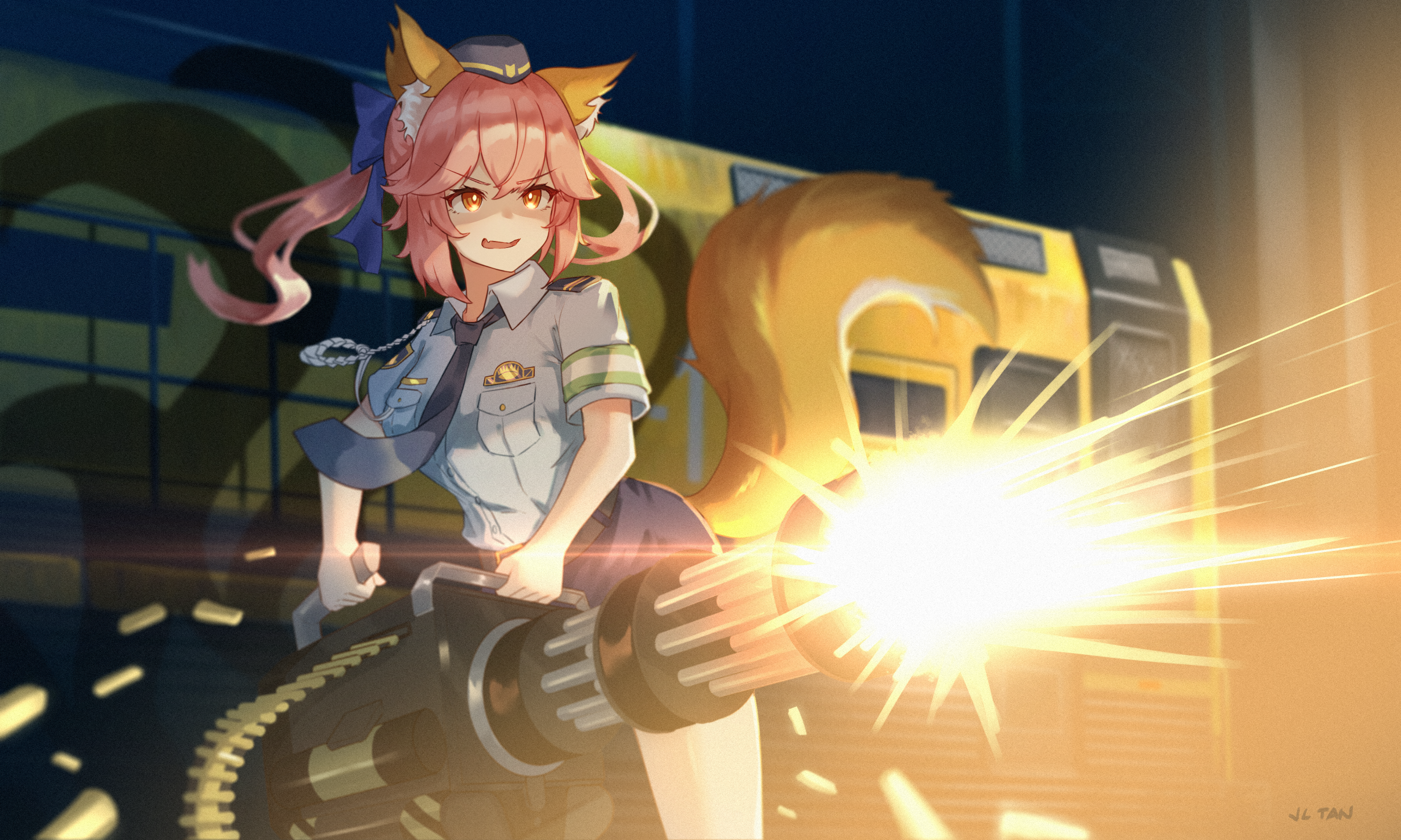 Tamamo no Mae from Fate/Grand Order firing a minigun HD Wallpaper