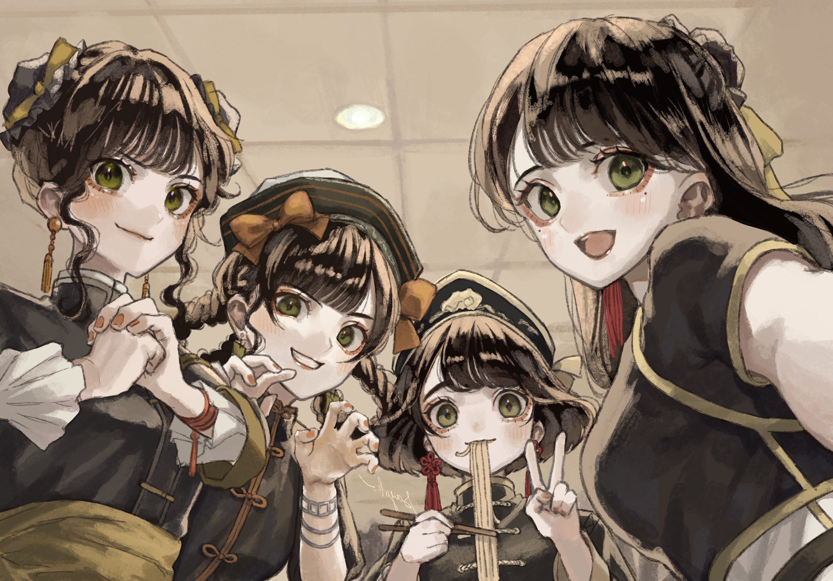Four girls in traditional Chinese-inspired uniforms HD Wallpaper