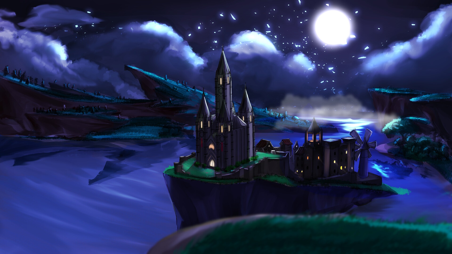 Fantasy castle by a river at night HD Wallpaper