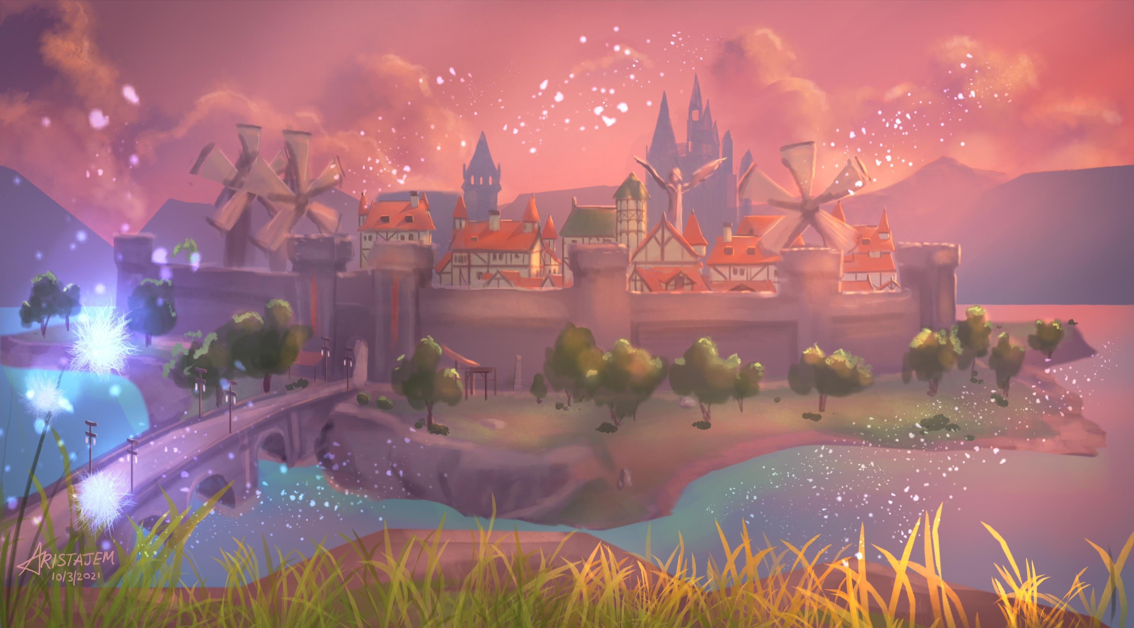 Mondstadt from Genshin Impact at sunset HD Wallpaper