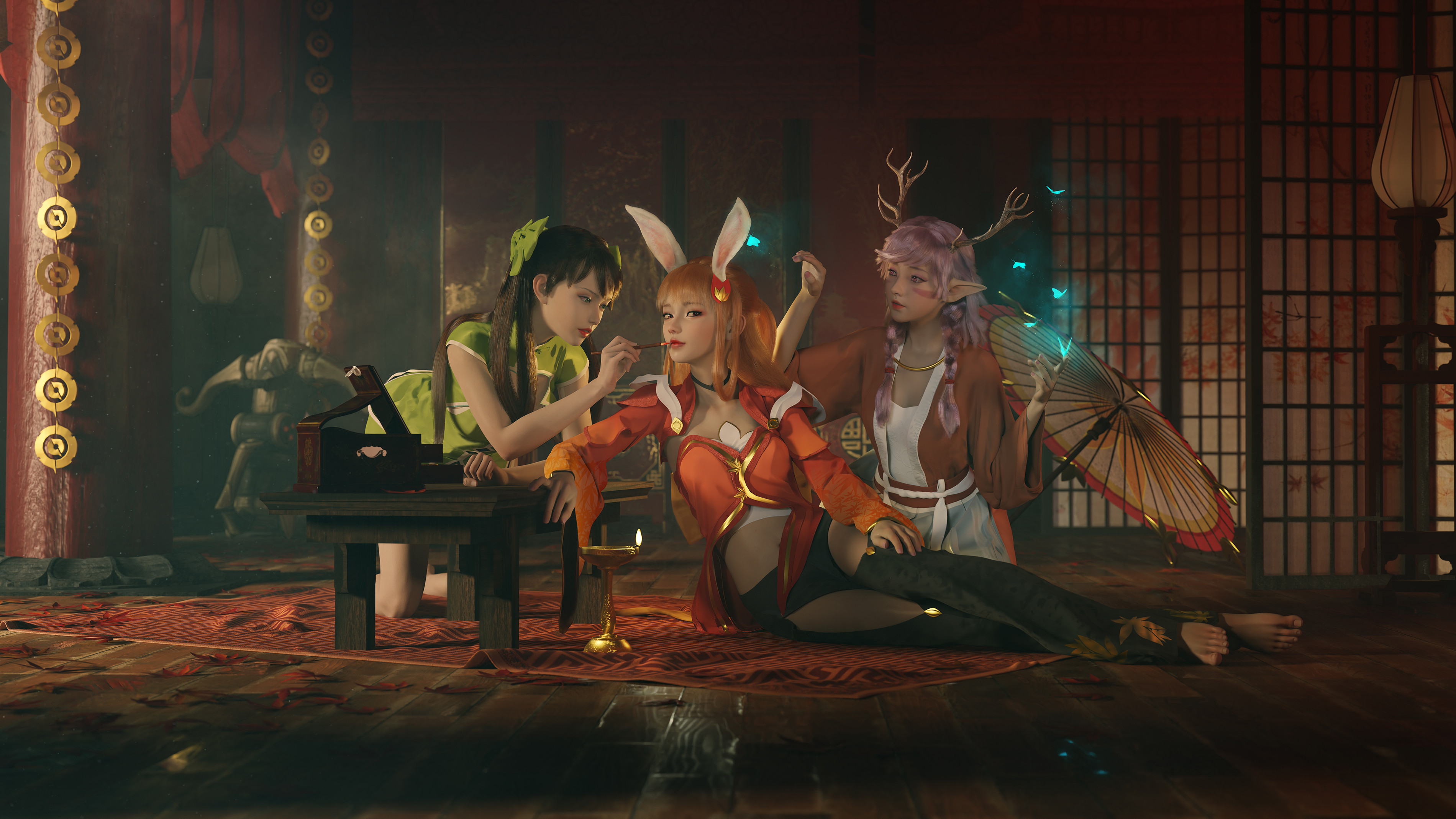 Fantasy women with bunny ears and deer antlers HD Wallpaper