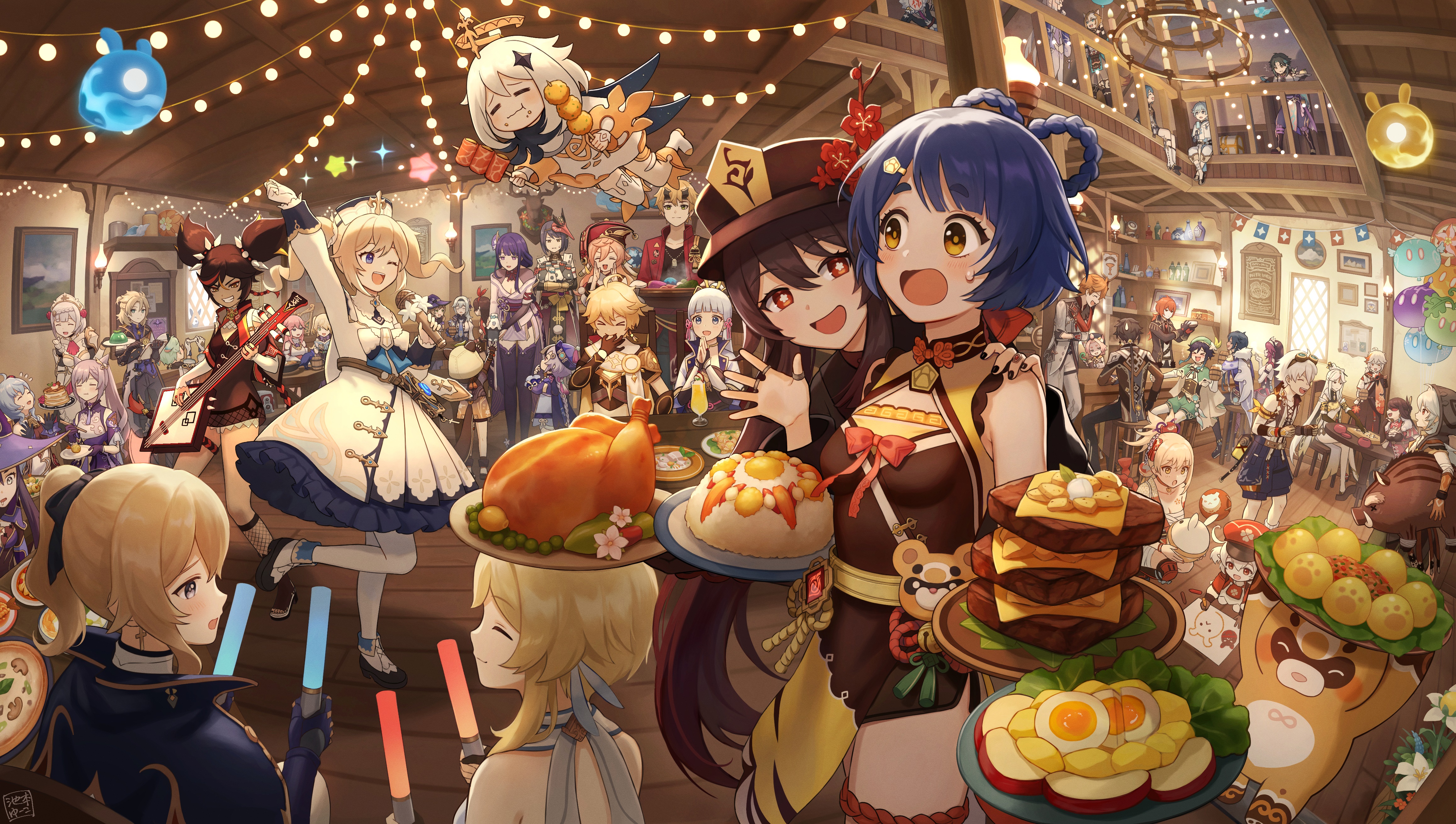 Genshin Impact characters at a feast HD Wallpaper