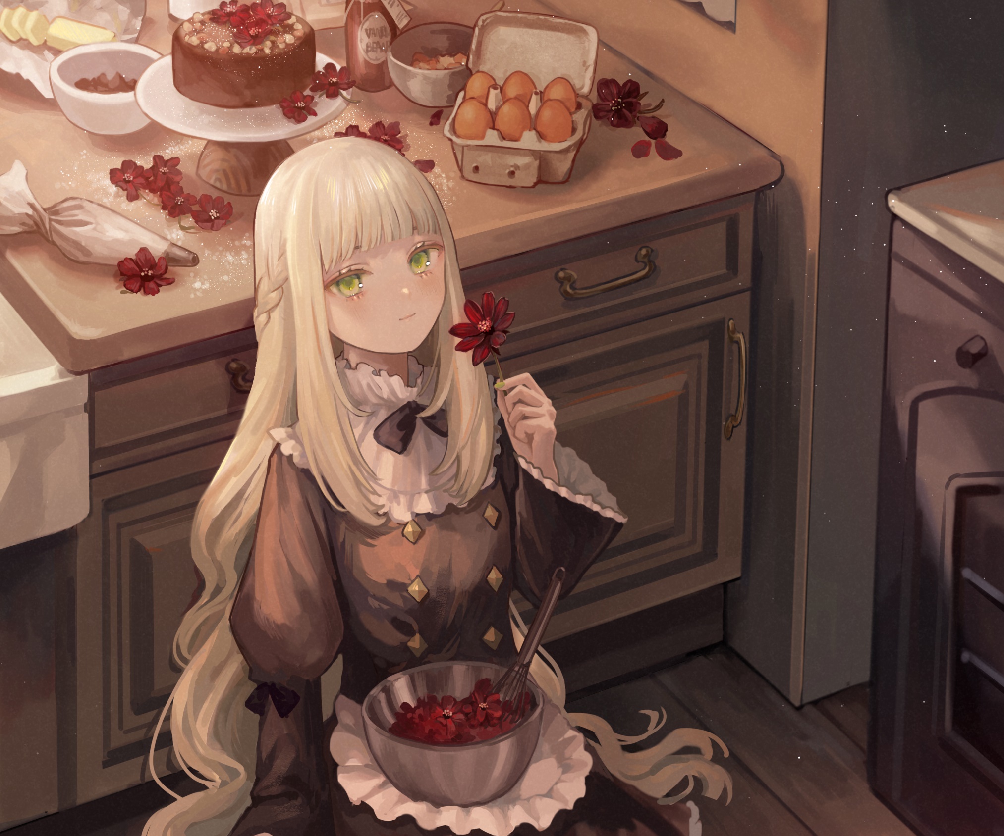Girl in kitchen preparing ingredients for baking HD Wallpaper