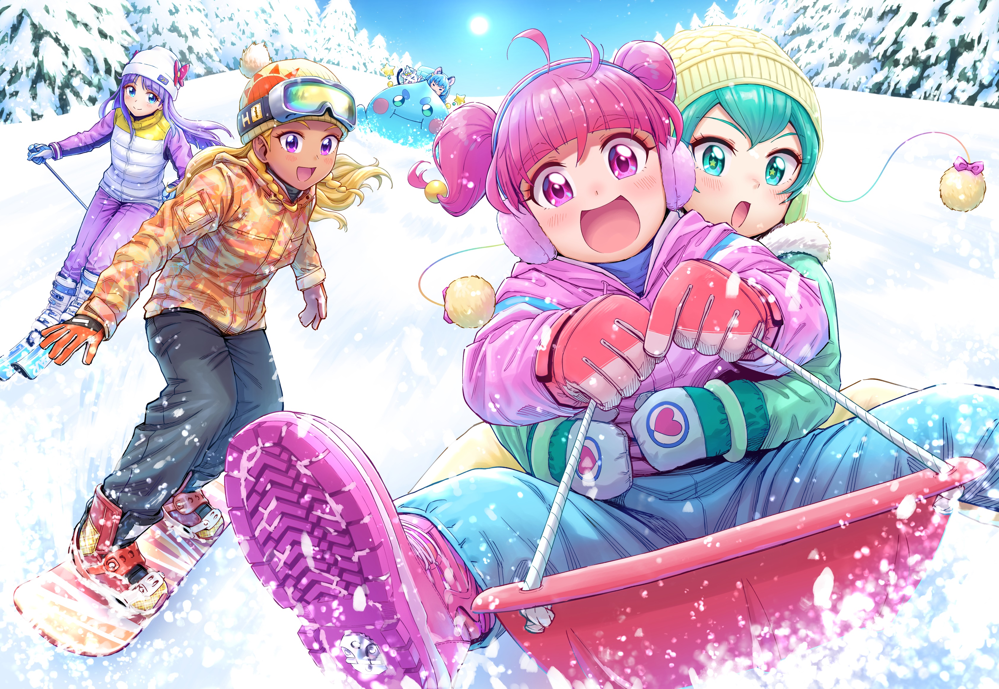 Star☆Twinkle Precure characters sledding down a snowy hill HD Wallpaper