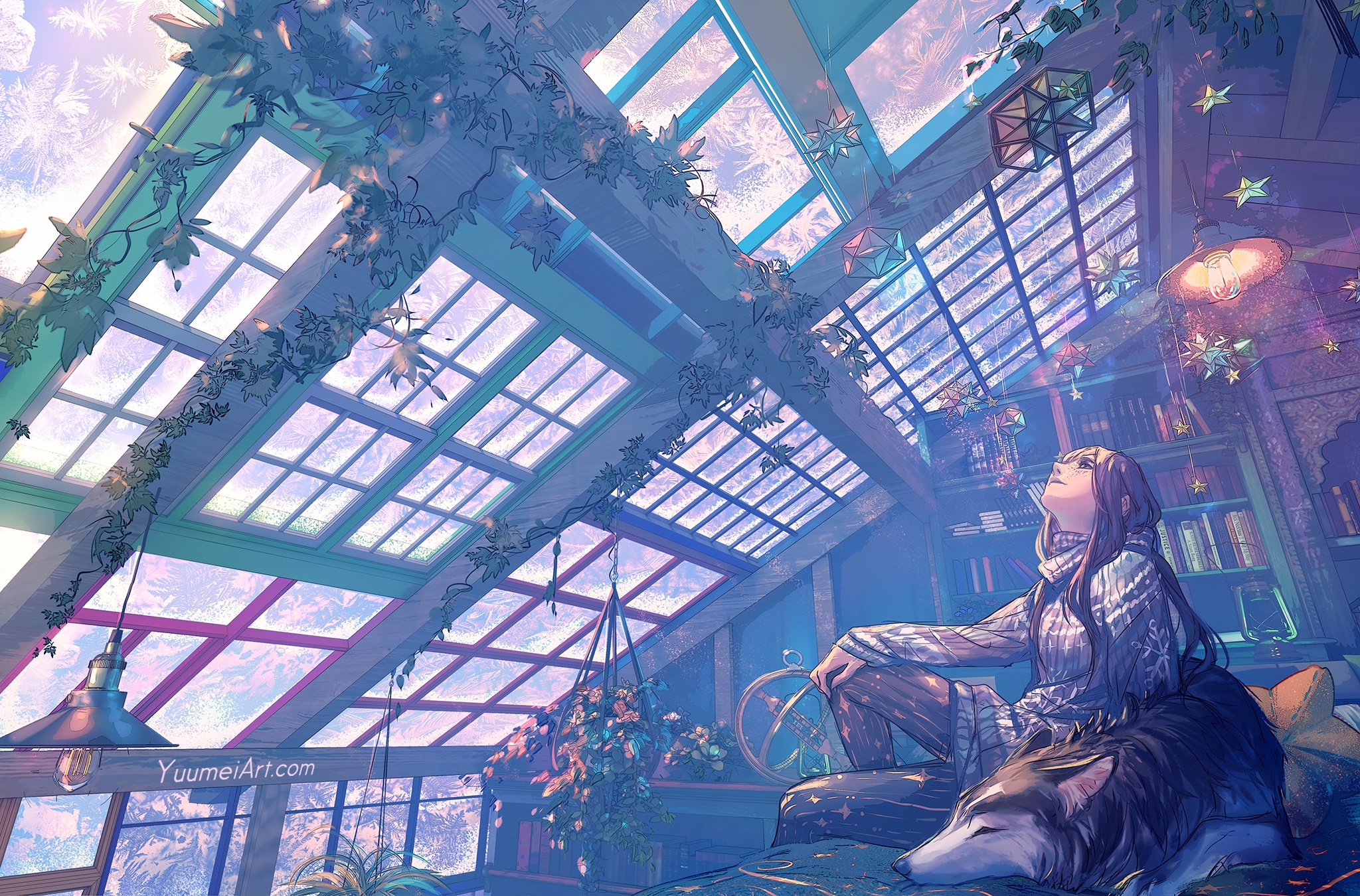 Girl and wolf in a sunlit room with a glass ceiling HD Wallpaper