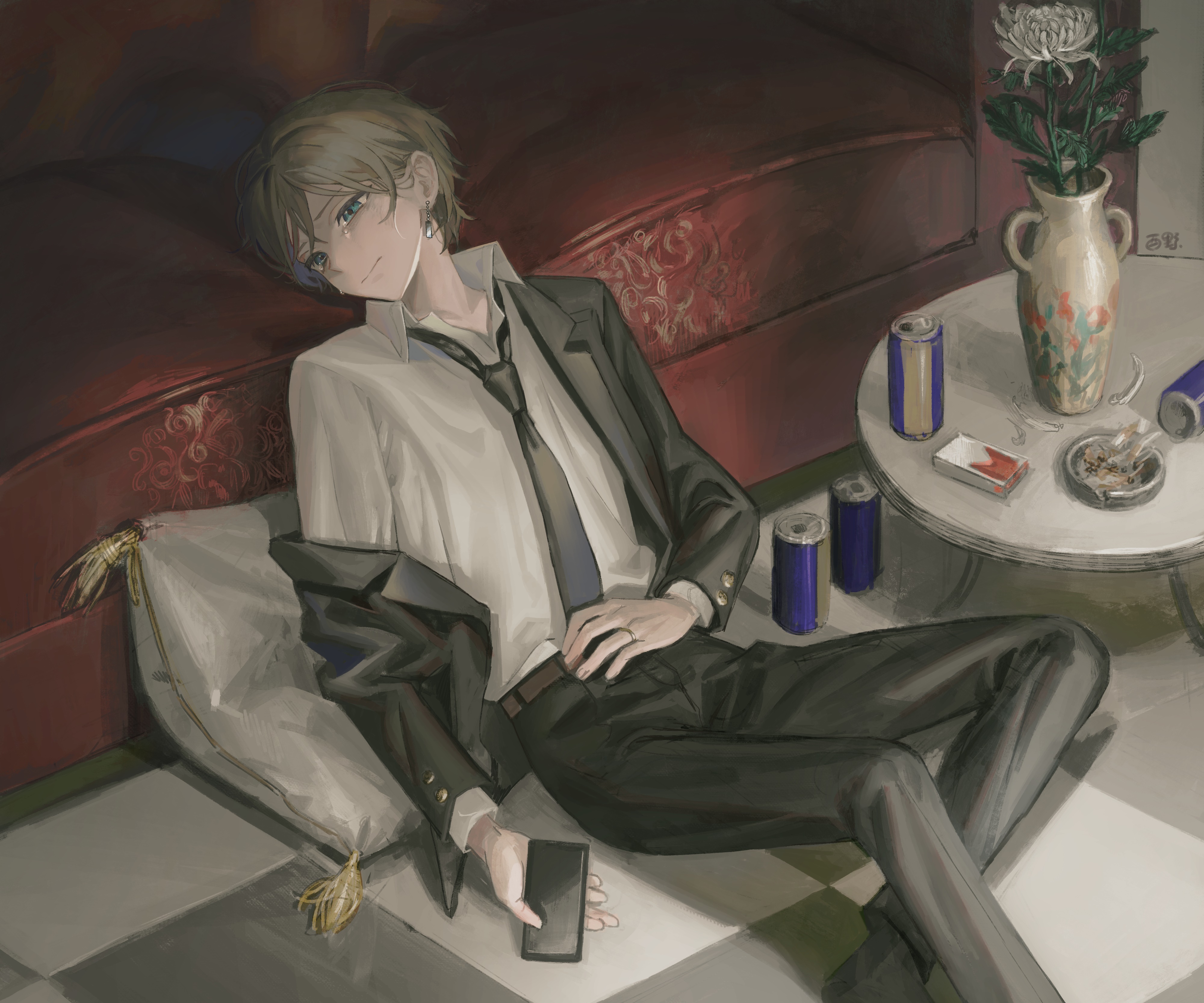 Man in suit sitting on floor with phone and drinks HD Wallpaper