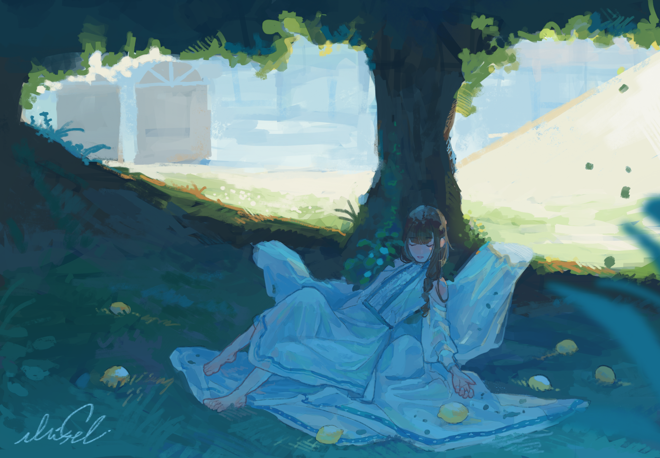 Girl sleeping under a tree with lemons HD Wallpaper