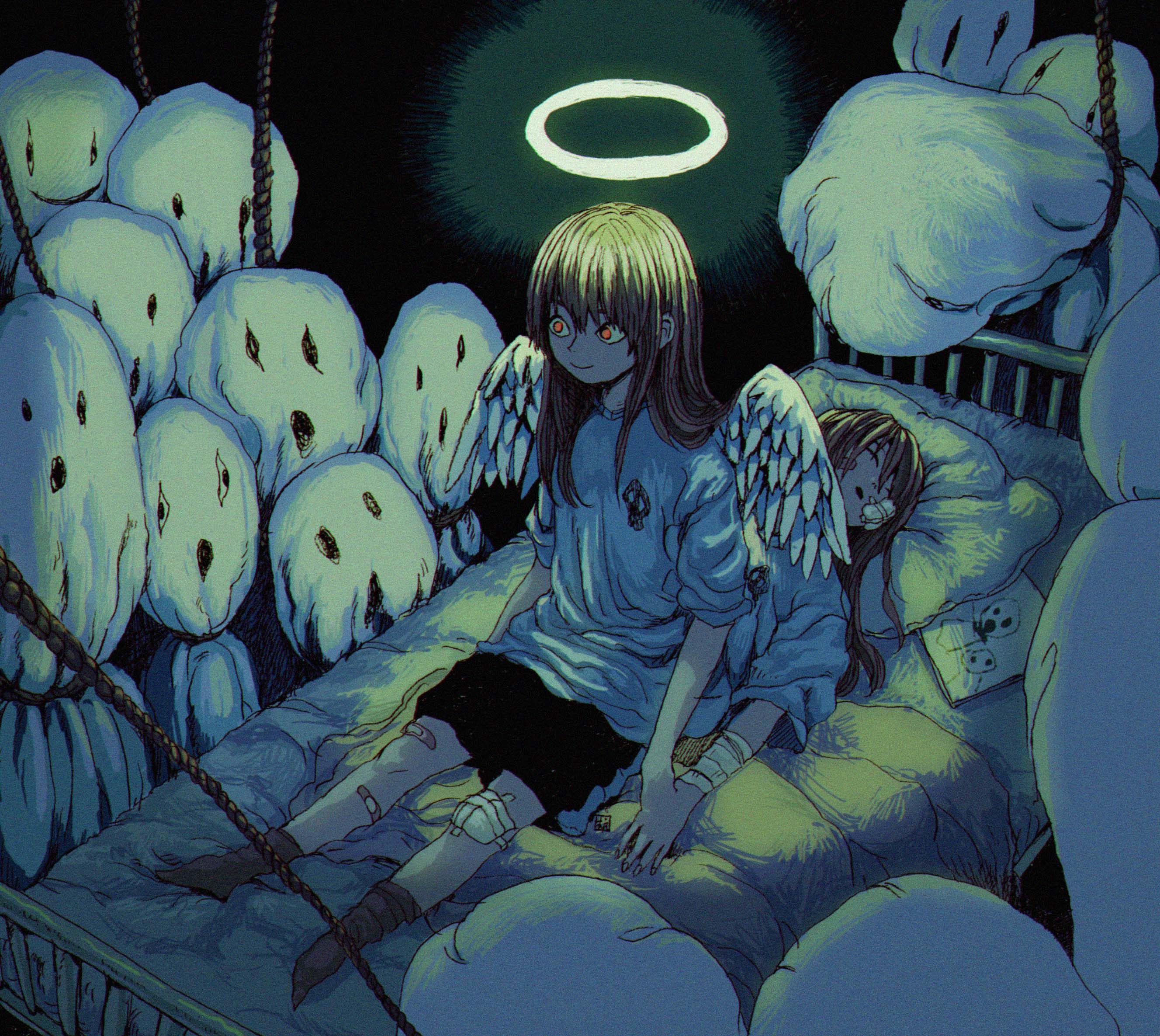 Girl with wings and halo in bed with another girl HD Wallpaper