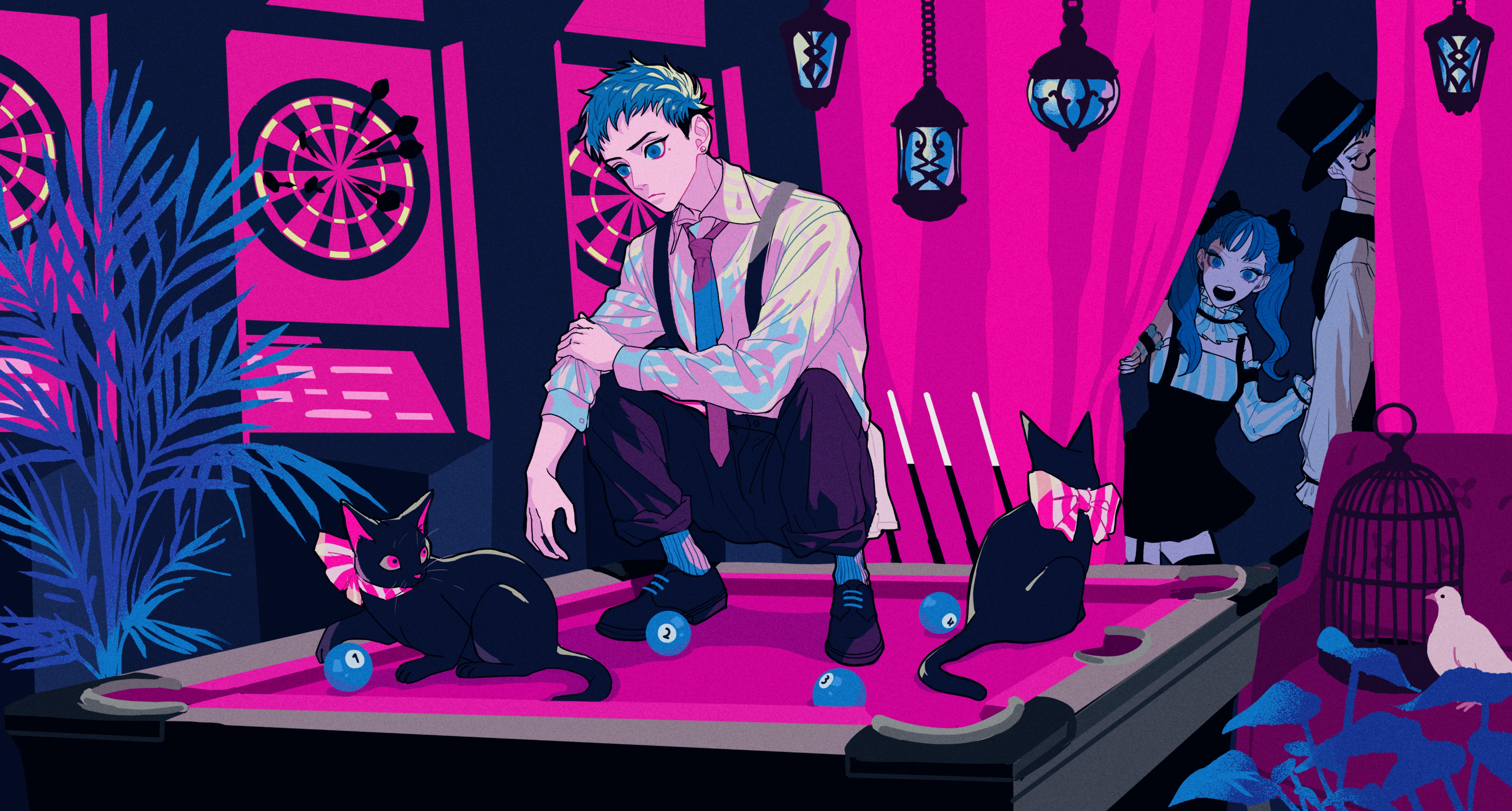 Boy and Cats by Pool Table with Darts HD Wallpaper