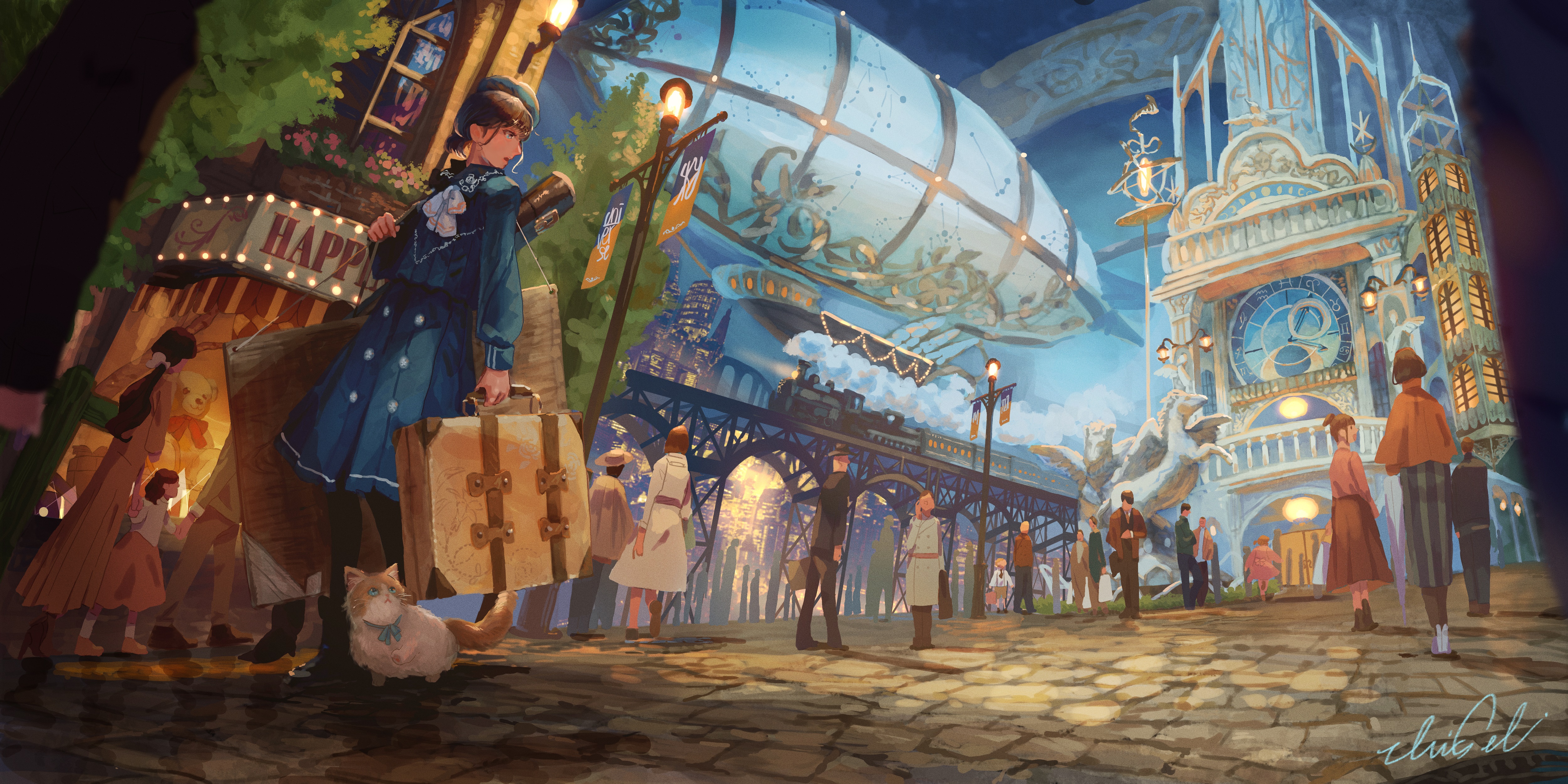 Steampunk City with Airship and Train 4K HD Wallpaper