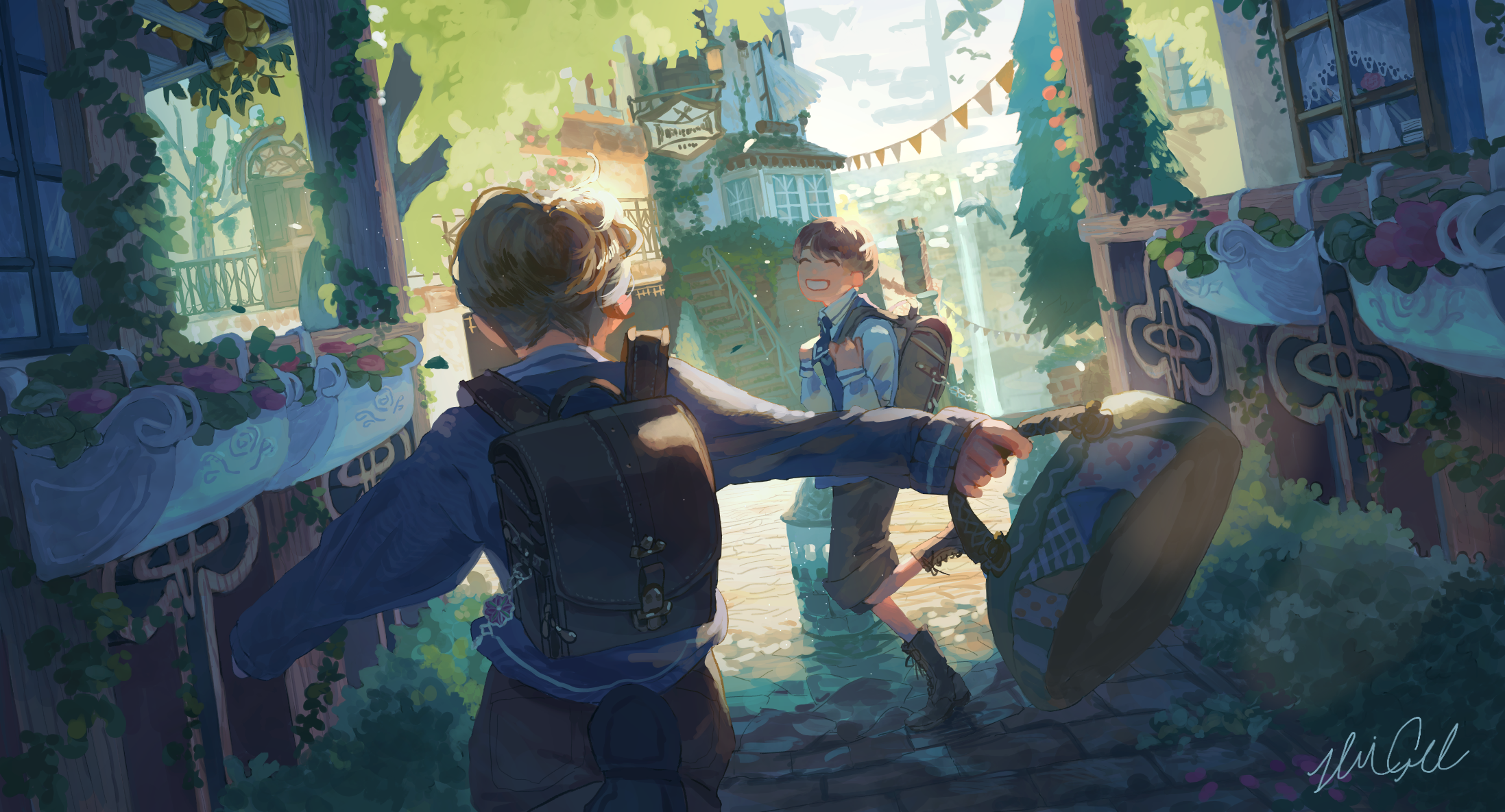 Two children with backpacks in a sunlit village street HD Wallpaper