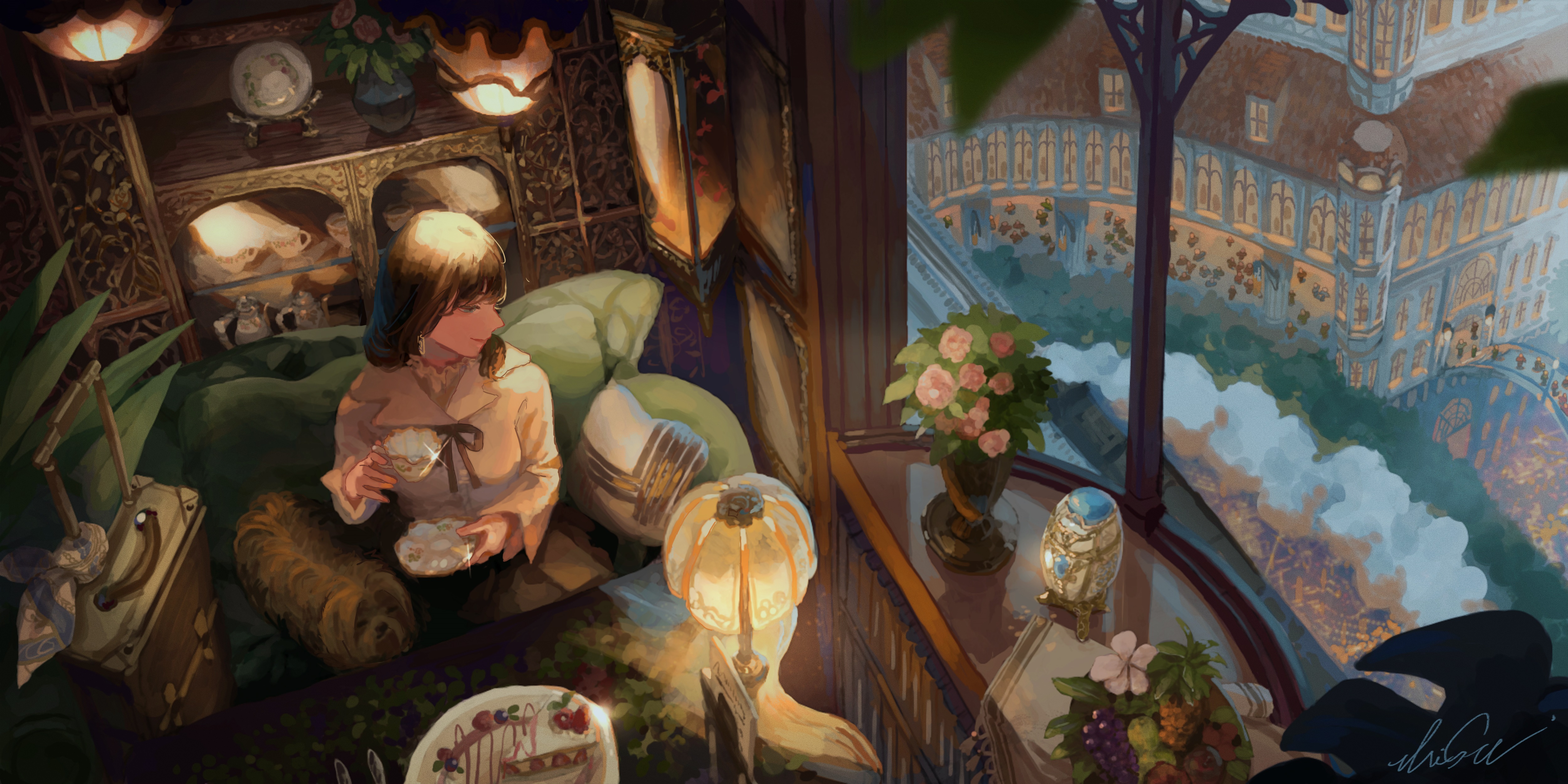 Fantasy Woman Drinking Tea by a Window HD Wallpaper
