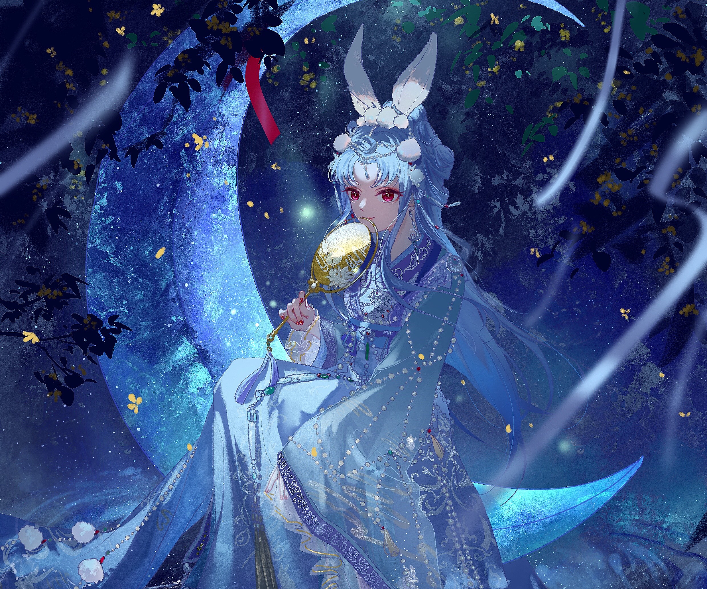 Girl with bunny ears on a moon HD Wallpaper