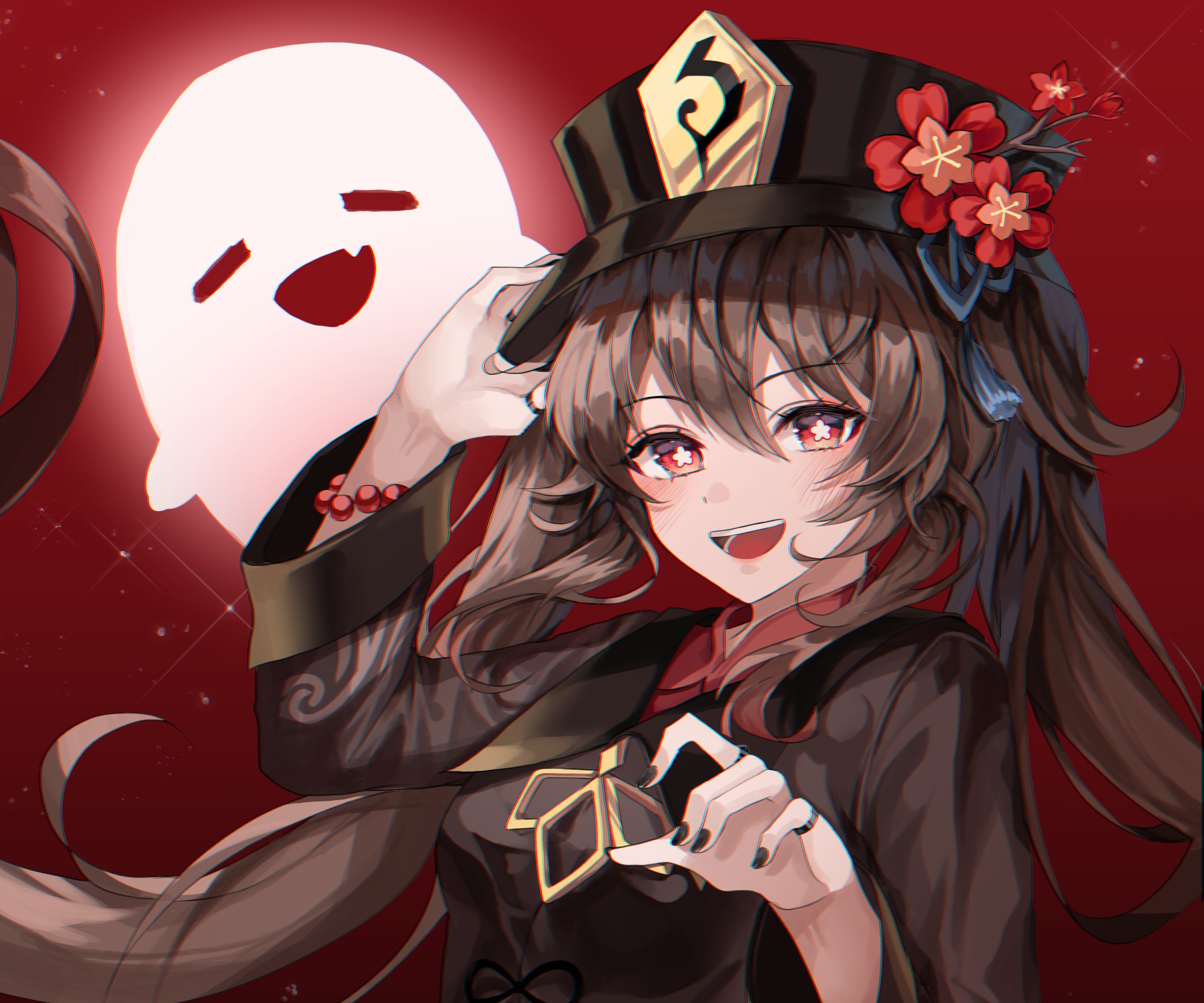 Hu Tao from Genshin Impact with a ghost HD Wallpaper