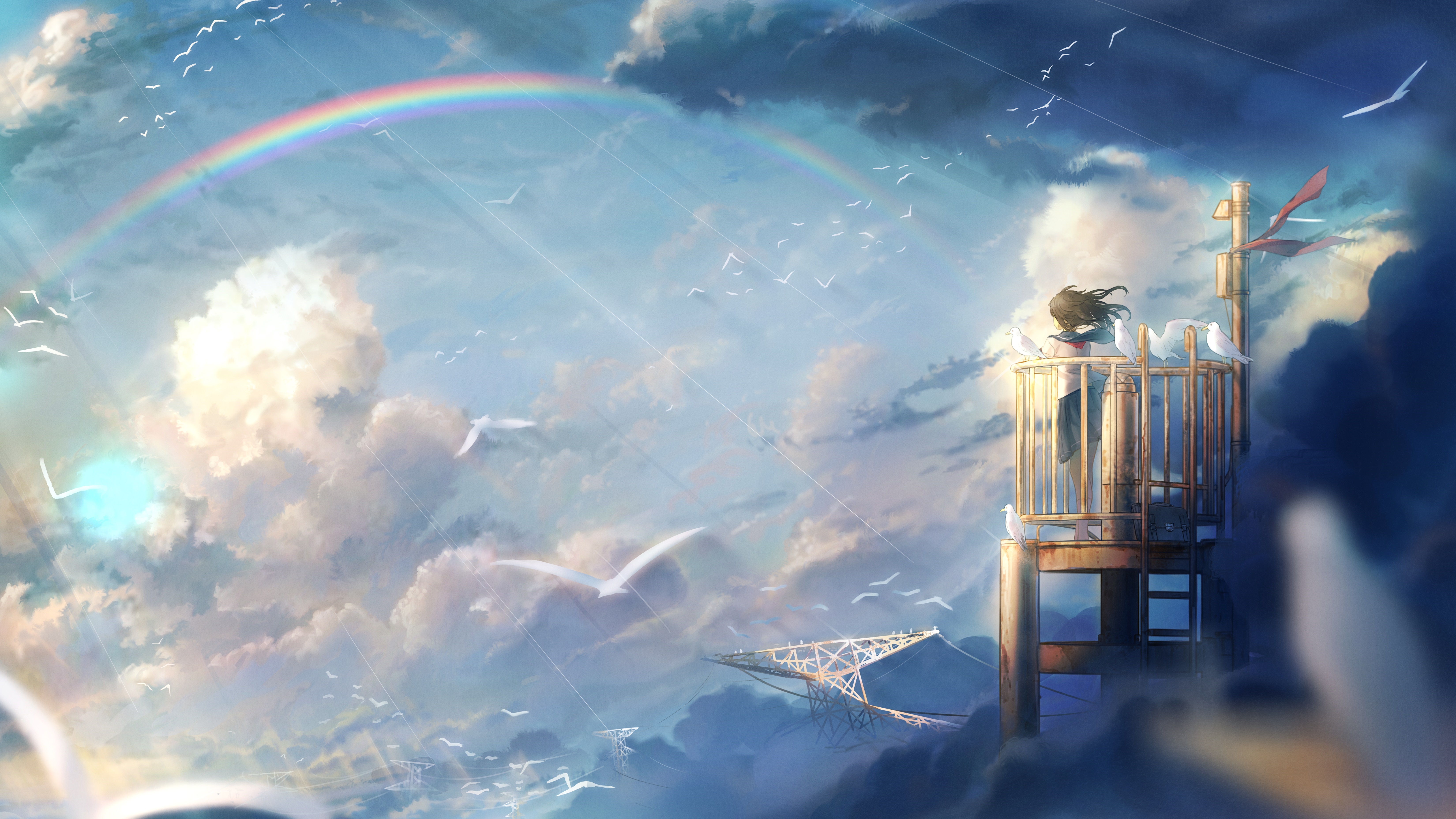 Girl on tower with rainbow and clouds 4K HD Wallpaper