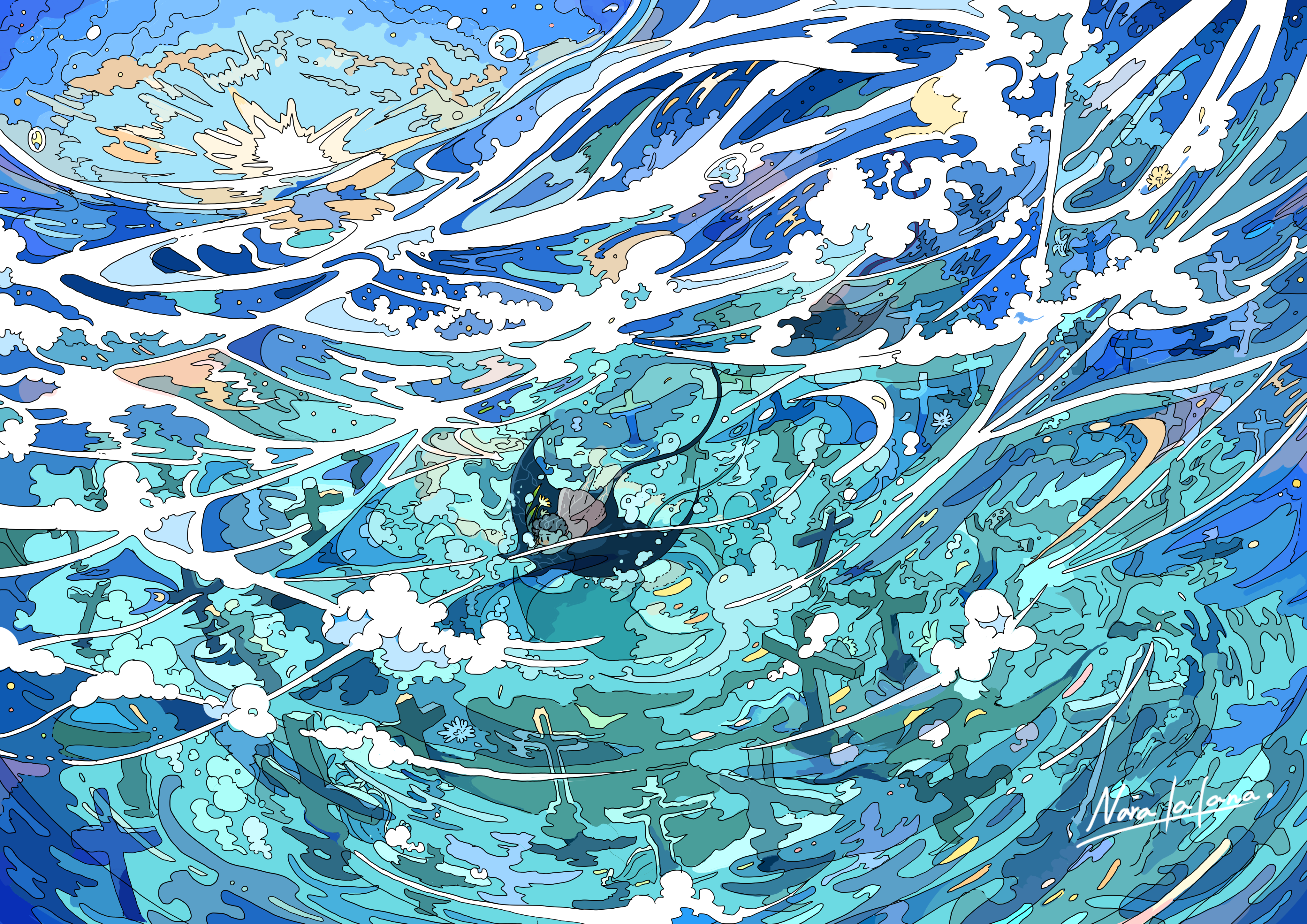 Underwater Graveyard with a Figure HD Wallpaper