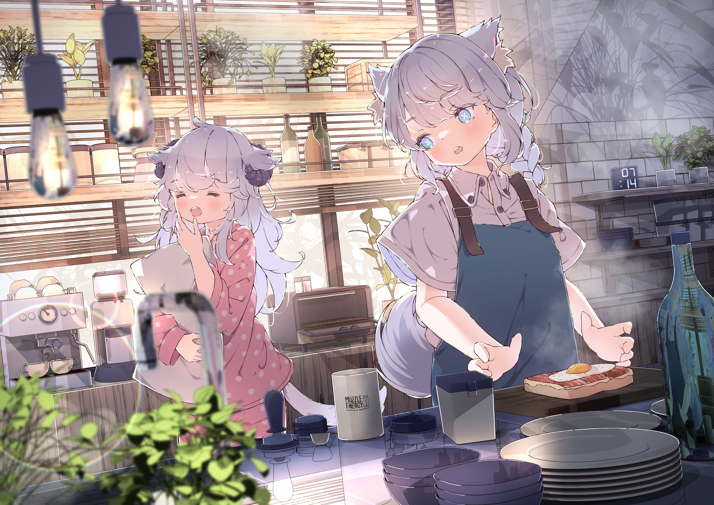 Anime girls in a kitchen making breakfast HD Wallpaper