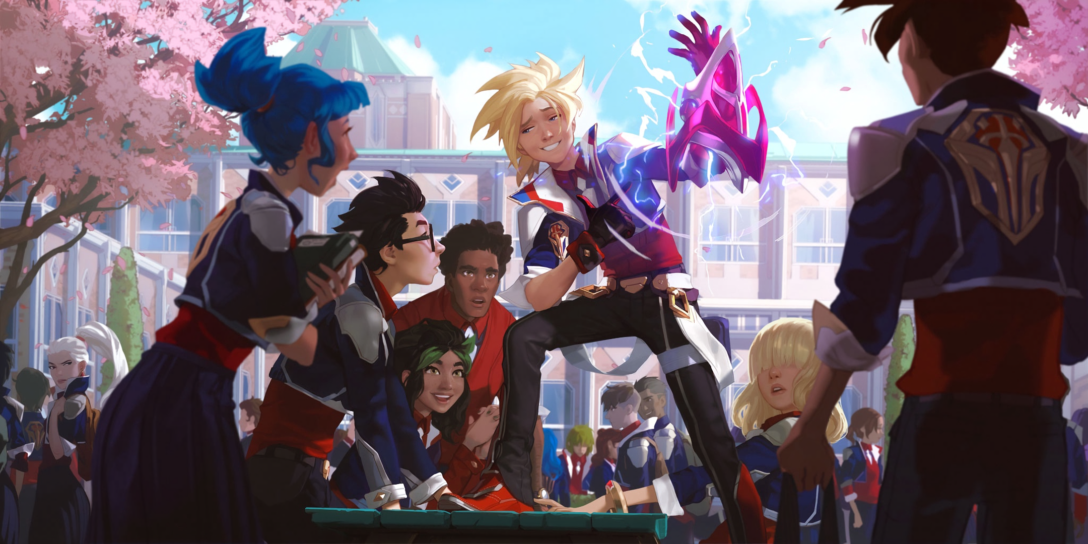 Ezreal from League of Legends with students HD Wallpaper