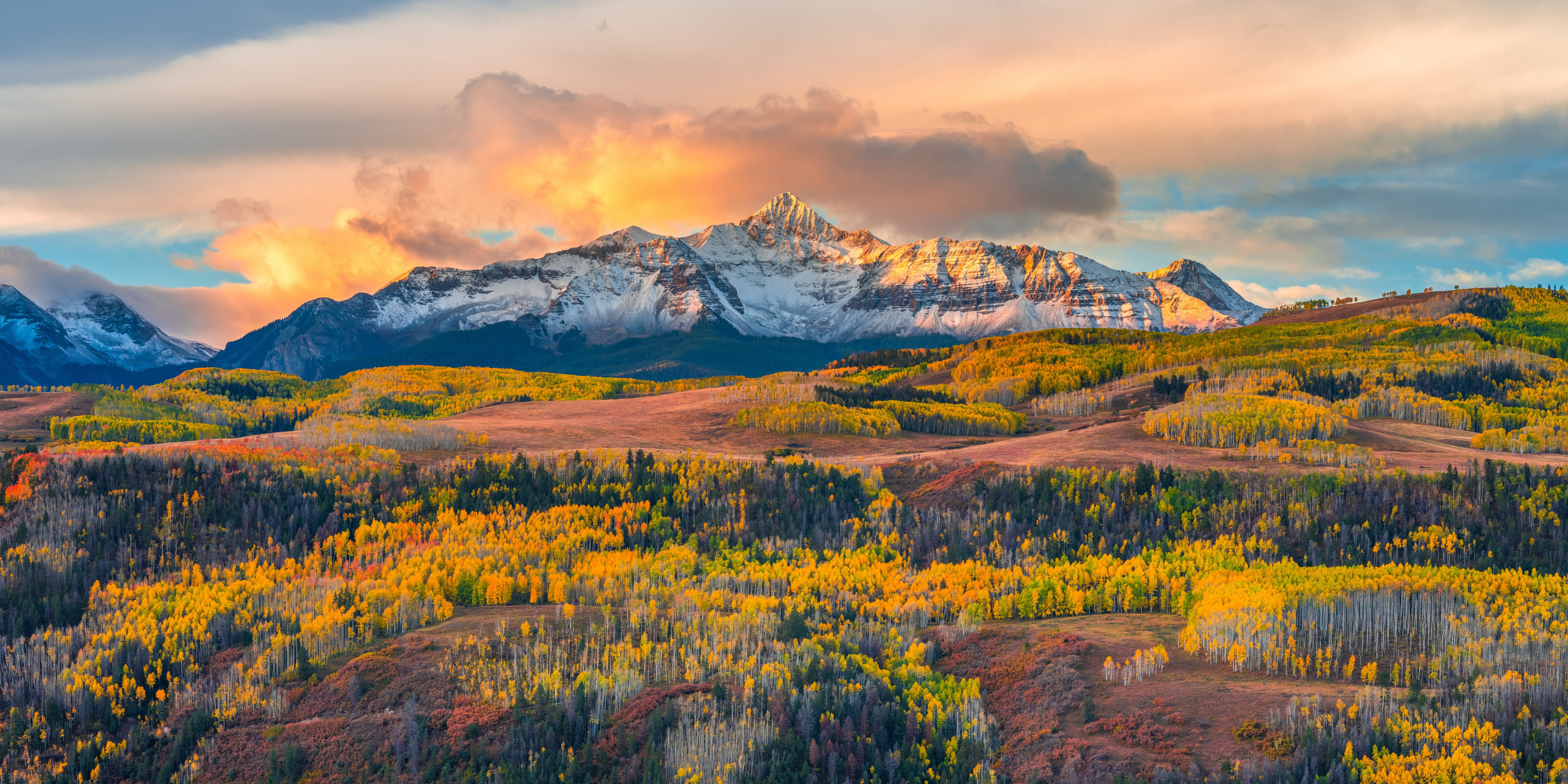 Mountain Landscape with Autumn Trees and Sunset Sky HD Wallpaper
