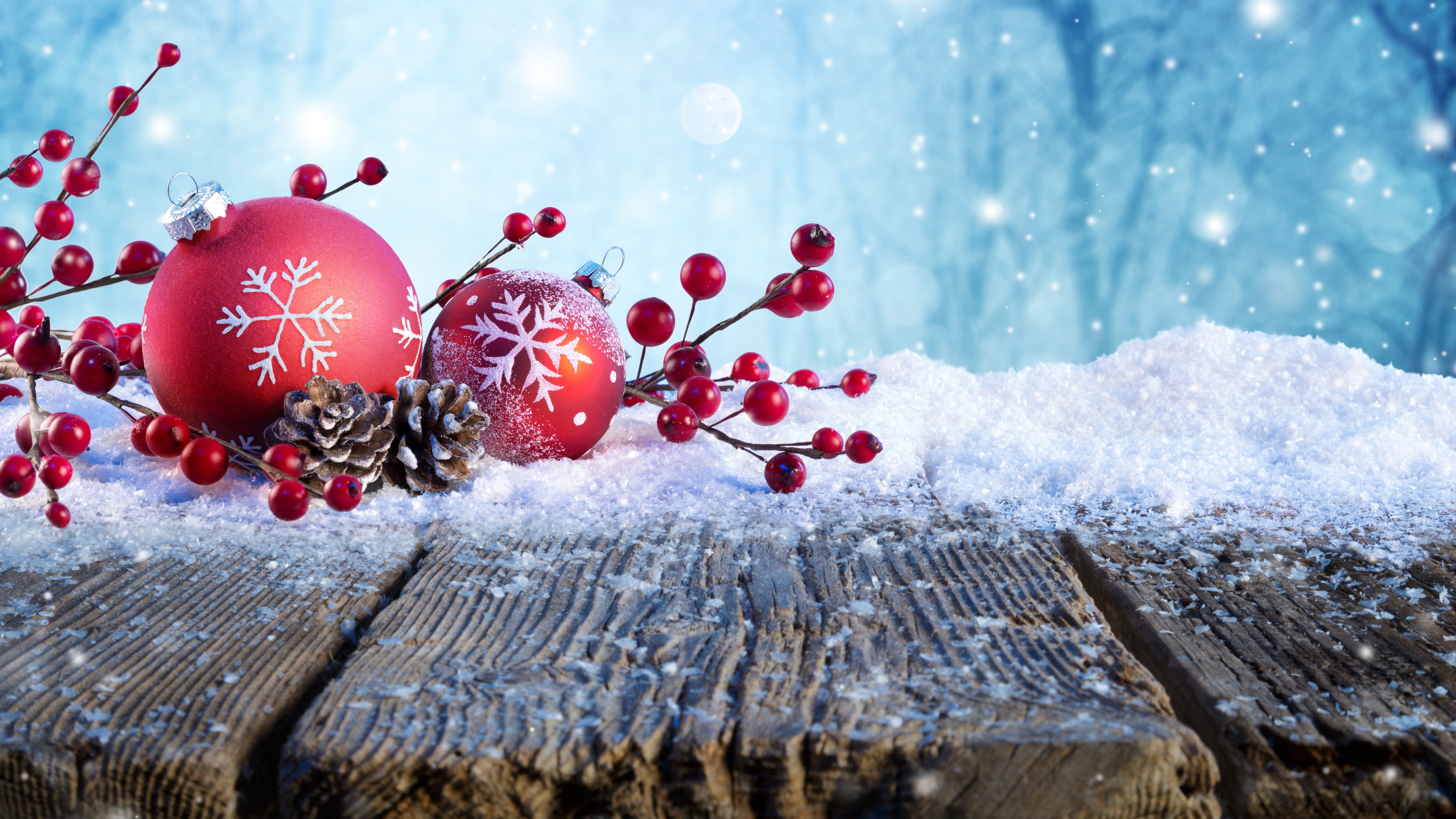 Christmas Ornaments with Snow and Pinecones HD Wallpaper