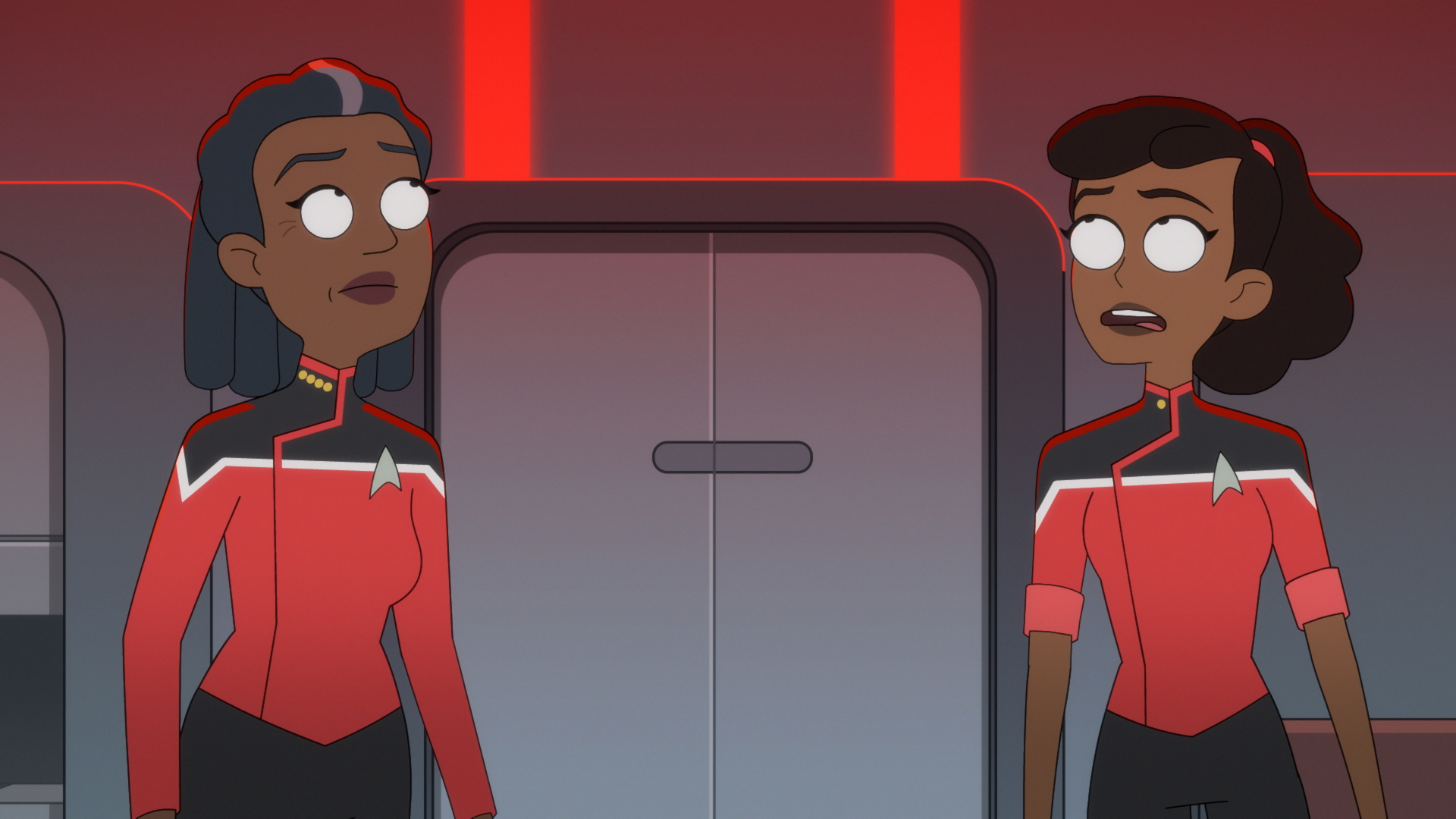 Two women in Starfleet uniforms HD Wallpaper