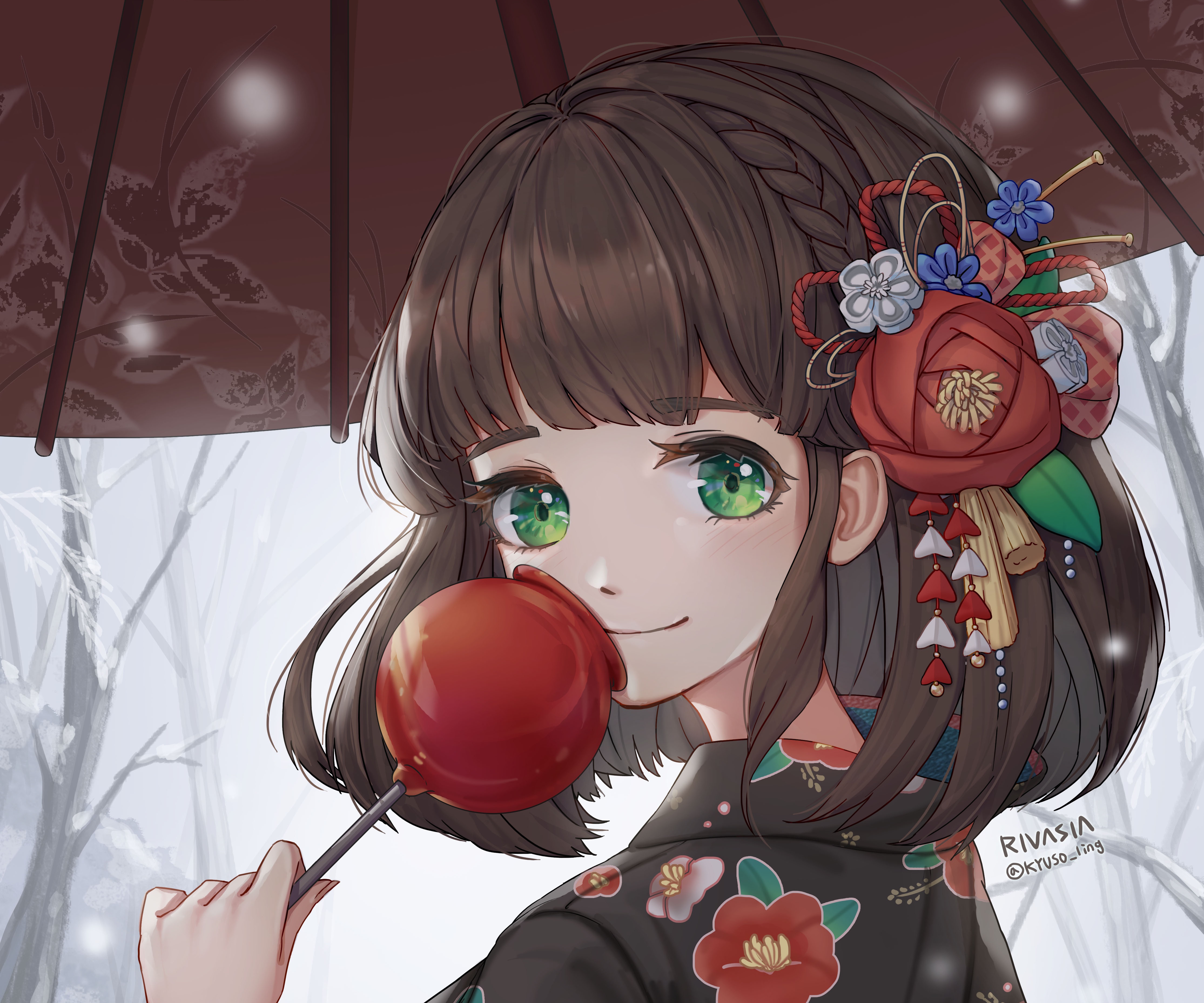 Girl with Green Eyes and Brown Hair holding Candy Apple HD Wallpaper