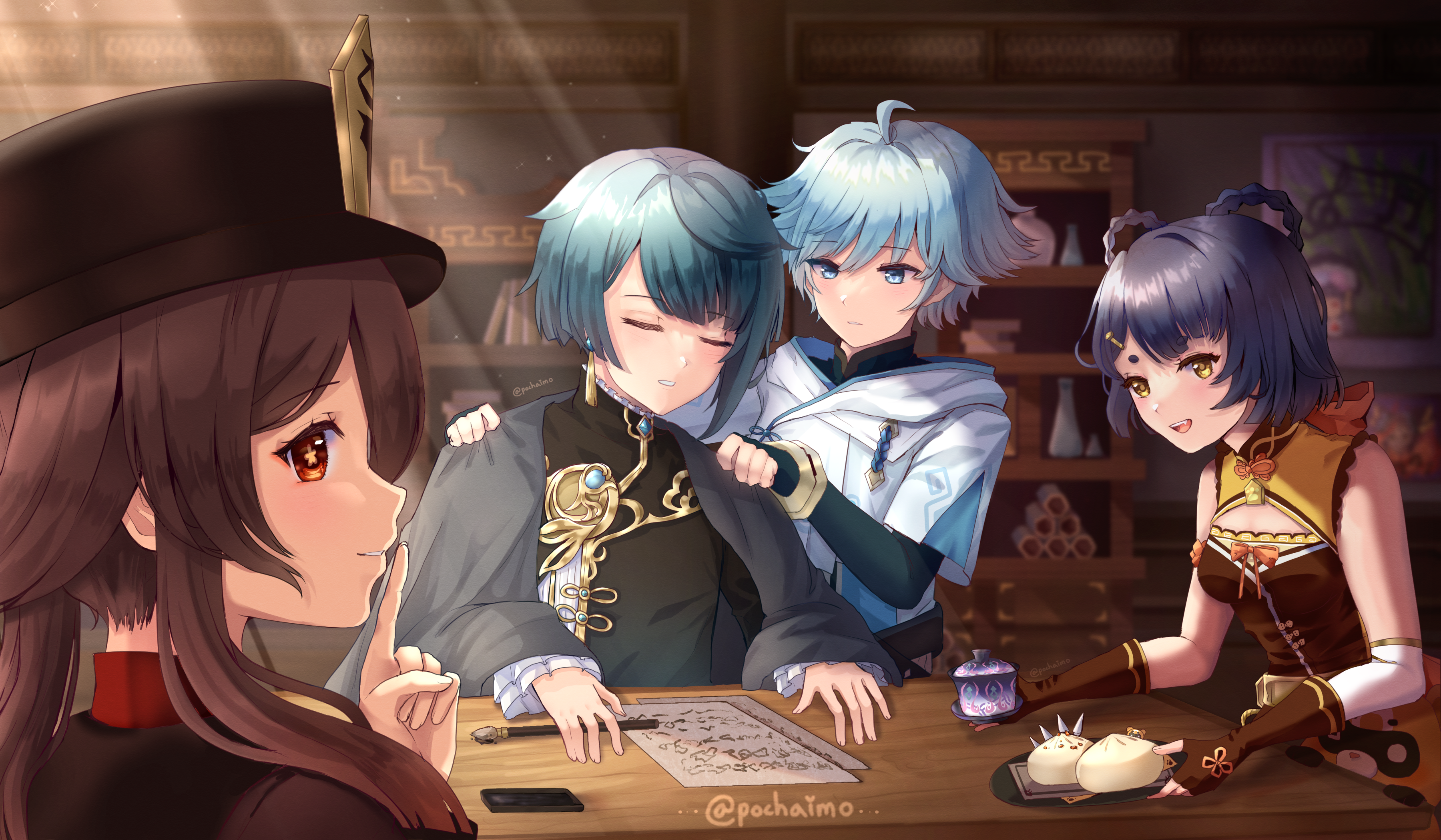 Hu Tao, Xingqiu, Chongyun, and Xiangling from Genshin Impact HD Wallpaper