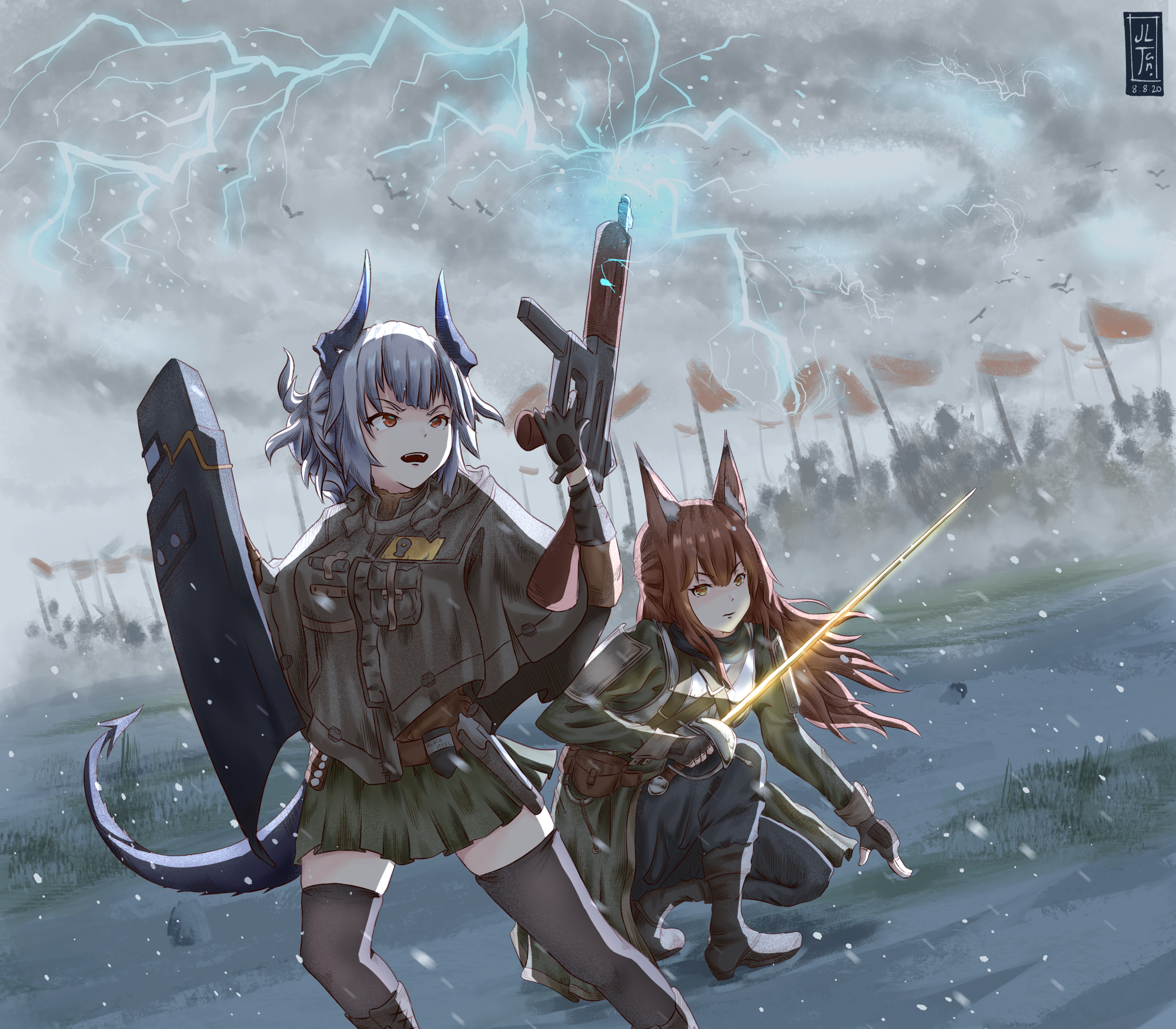 Franka and Liskarm from Arknights in a storm HD Wallpaper