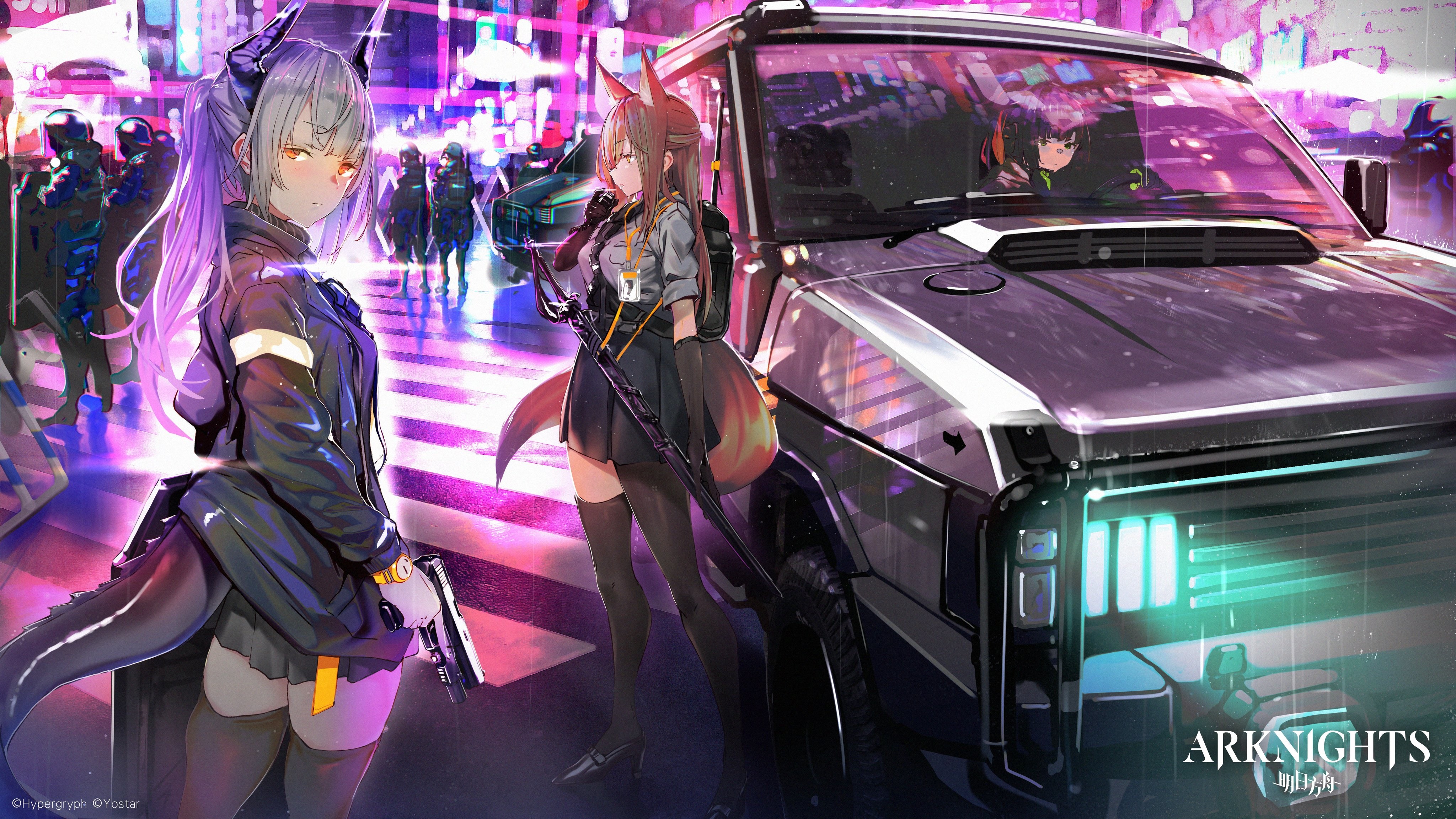 Arknights 4K: Jessica, Liskarm, and Franka in a City HD Wallpaper