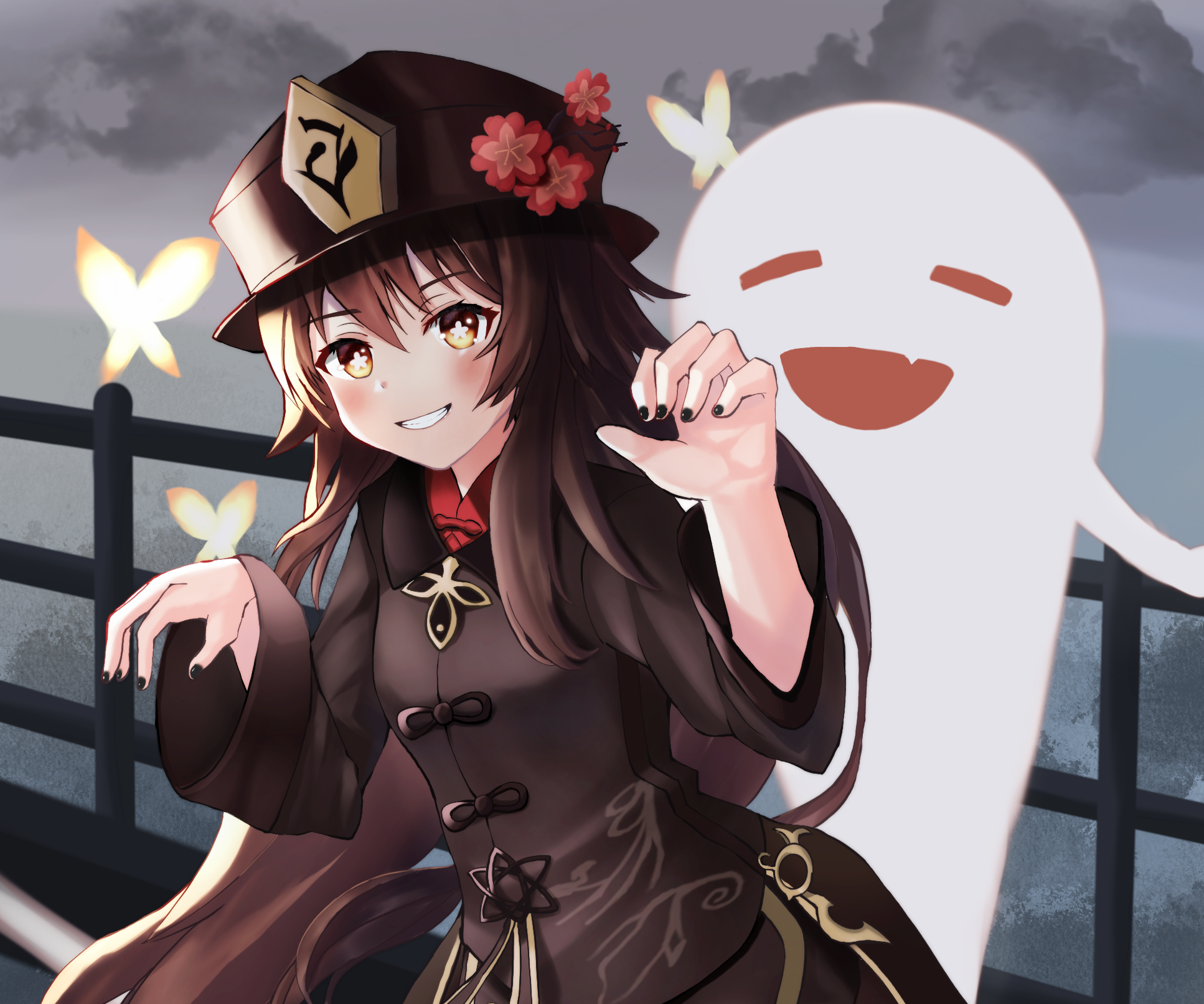 Hu Tao from Genshin Impact with a ghost HD Wallpaper