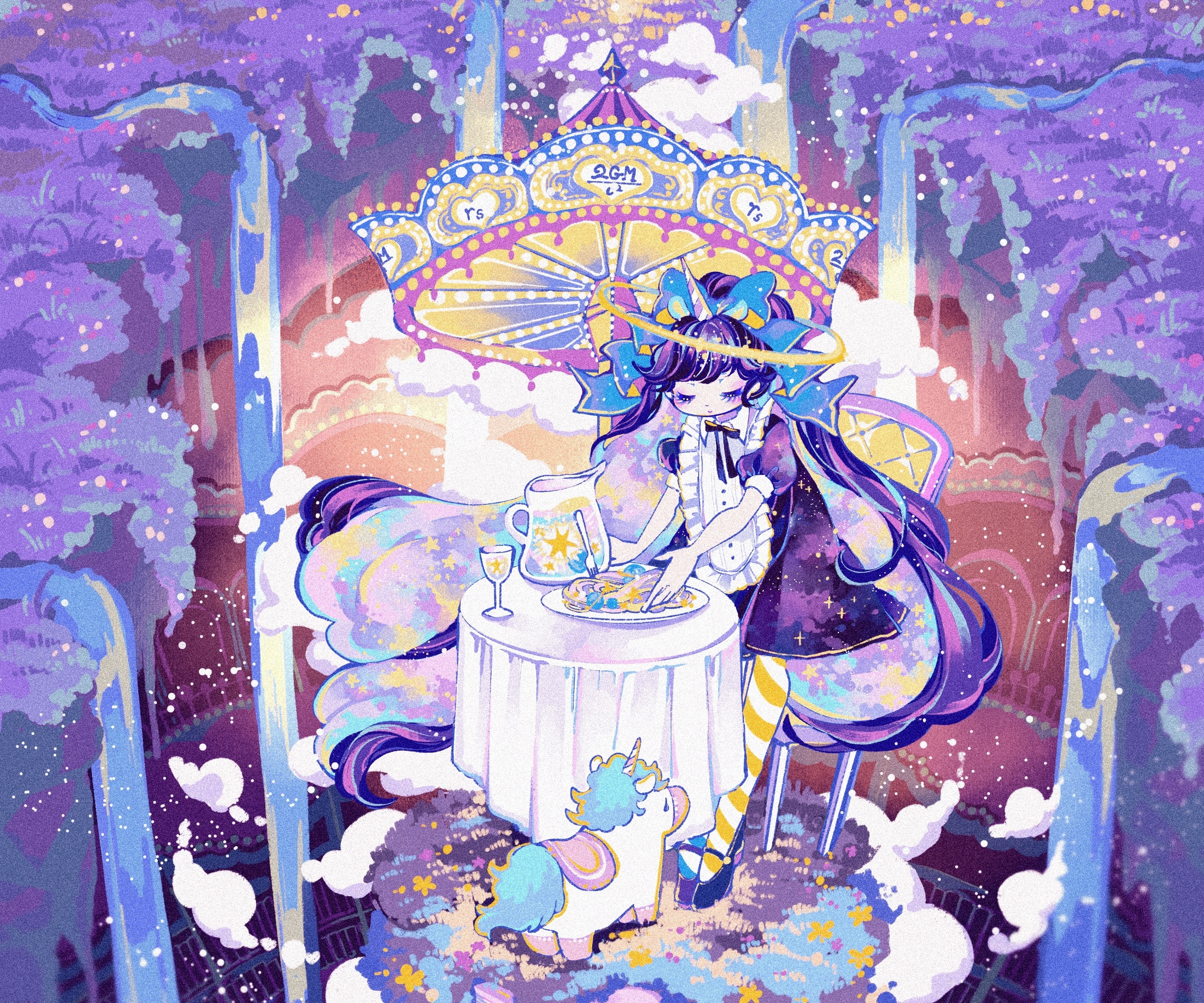 Girl with unicorn at a carousel tea party HD Wallpaper