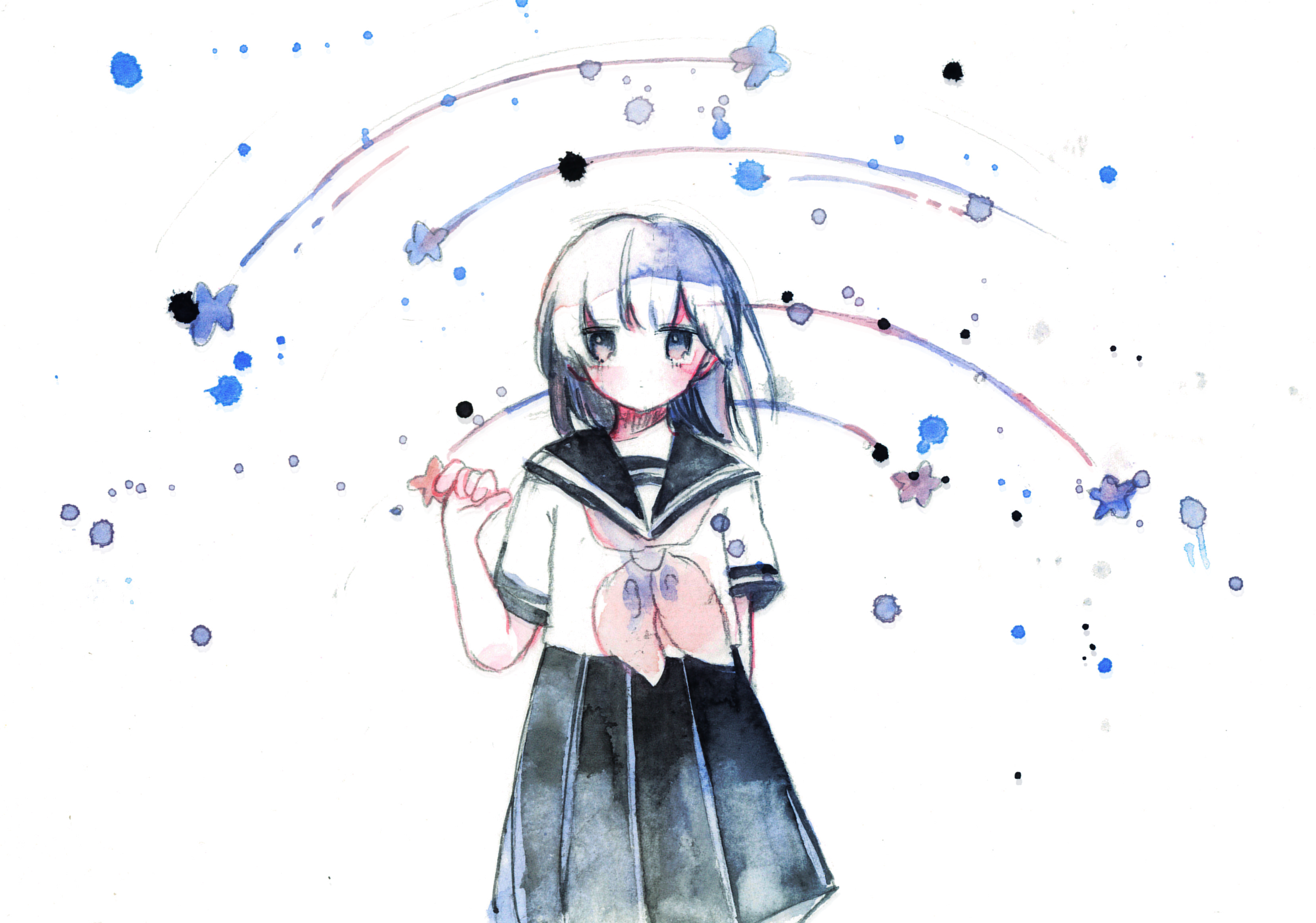 Girl in School Uniform with Butterflies HD Wallpaper