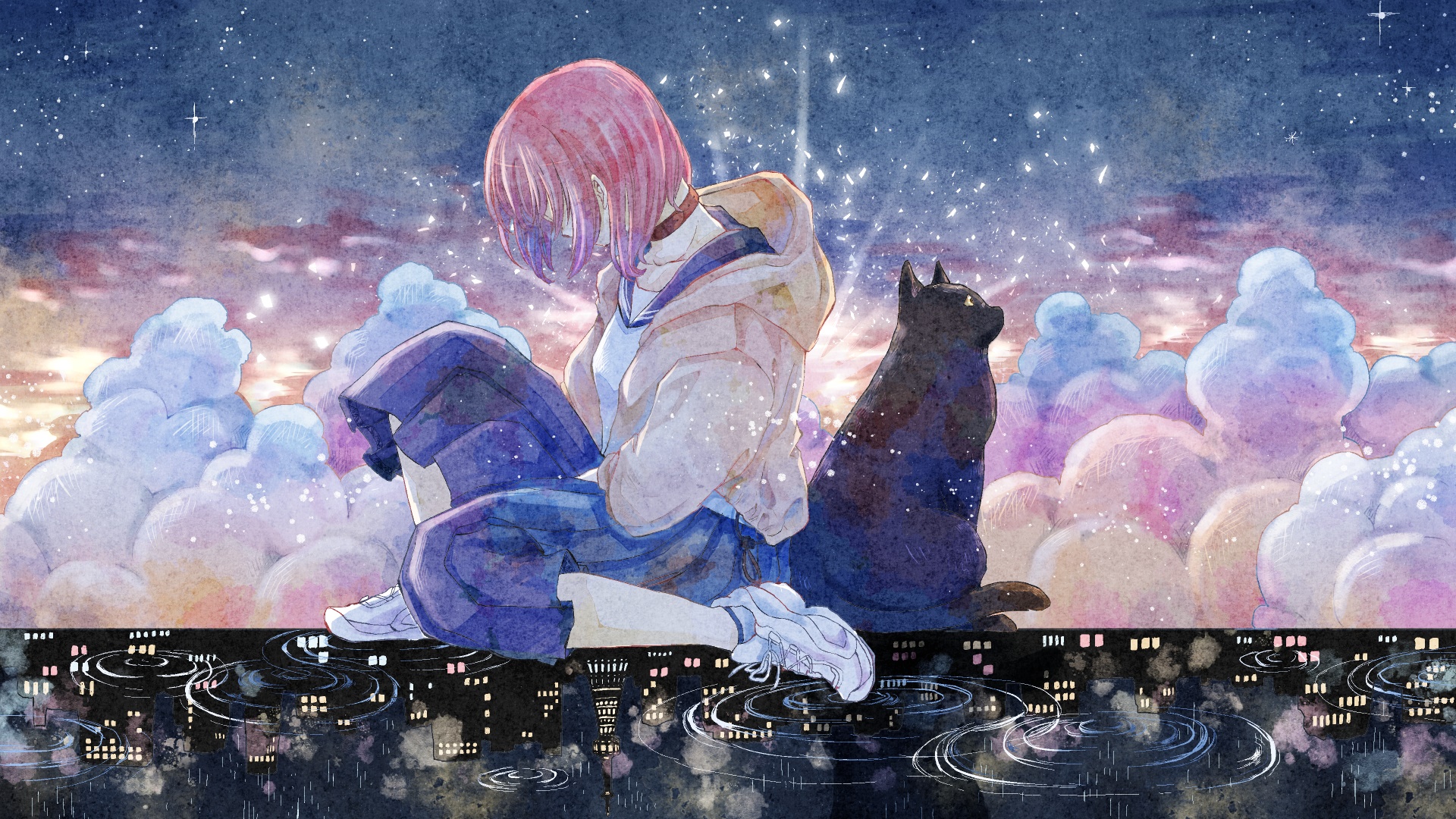 Girl and black cat on rooftop at night HD Wallpaper