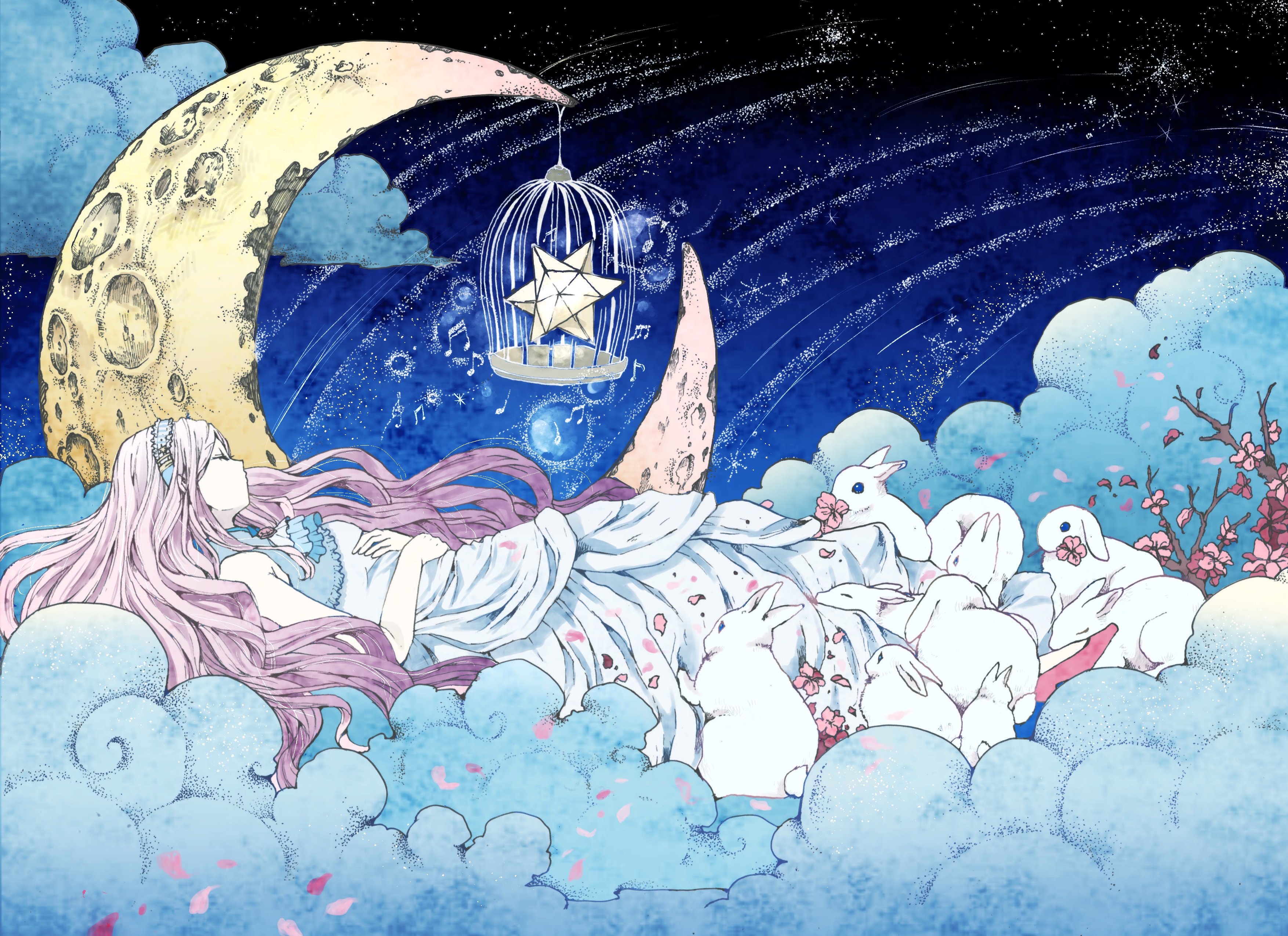 Girl sleeping with rabbits under a crescent moon HD Wallpaper