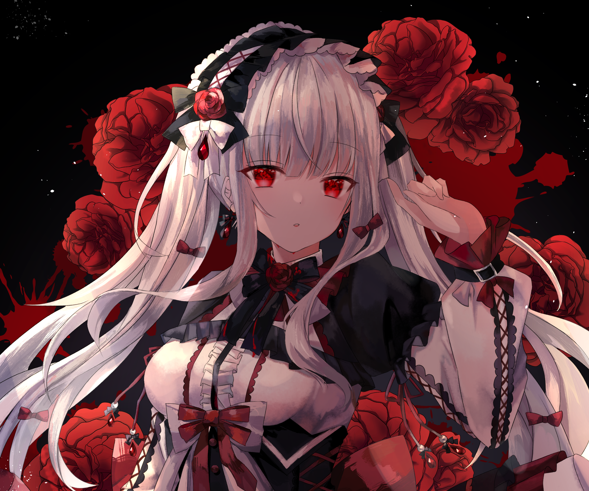 Girl with white hair and red eyes and roses HD Wallpaper