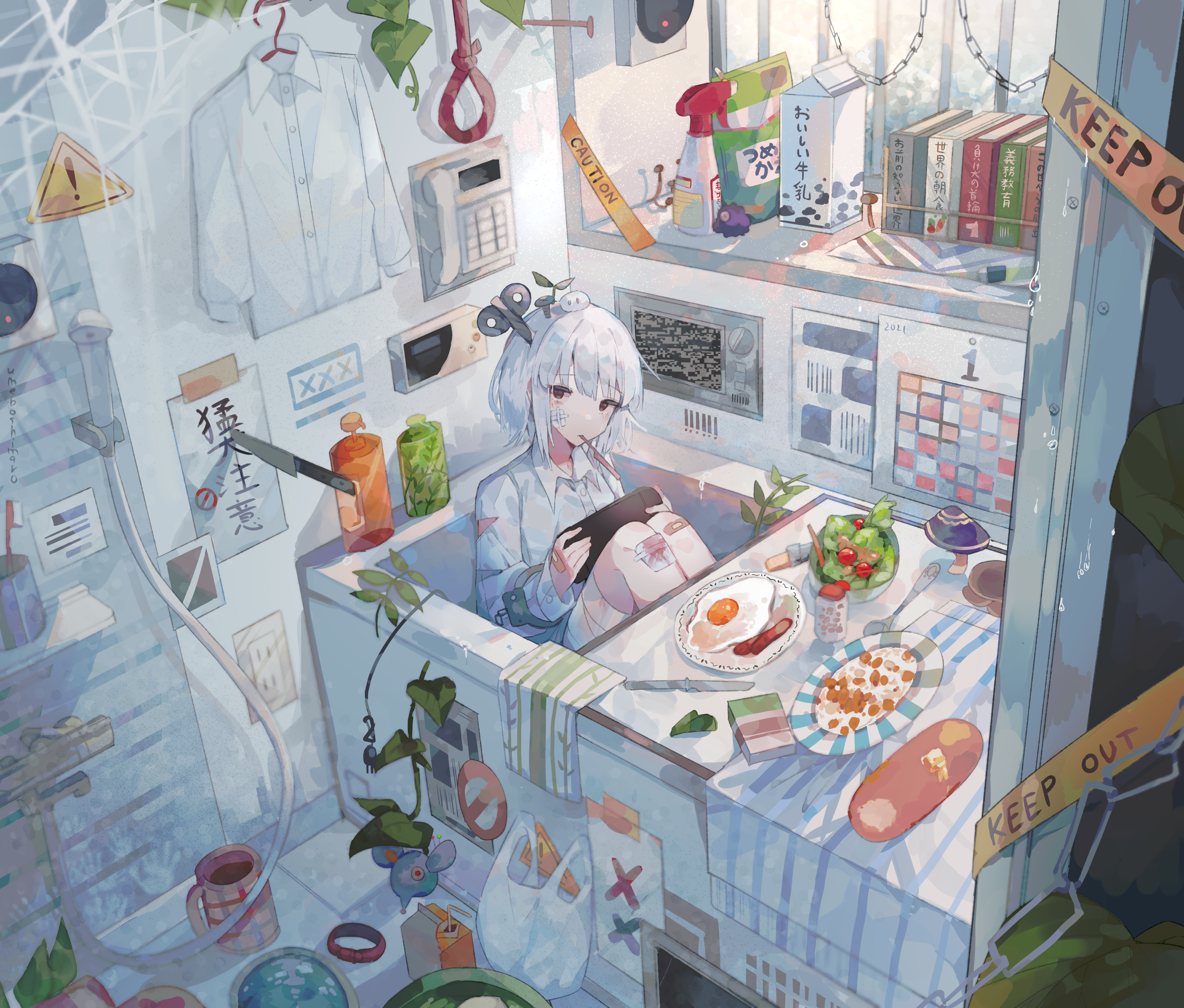 Girl in a bathtub with food and a game console HD Wallpaper