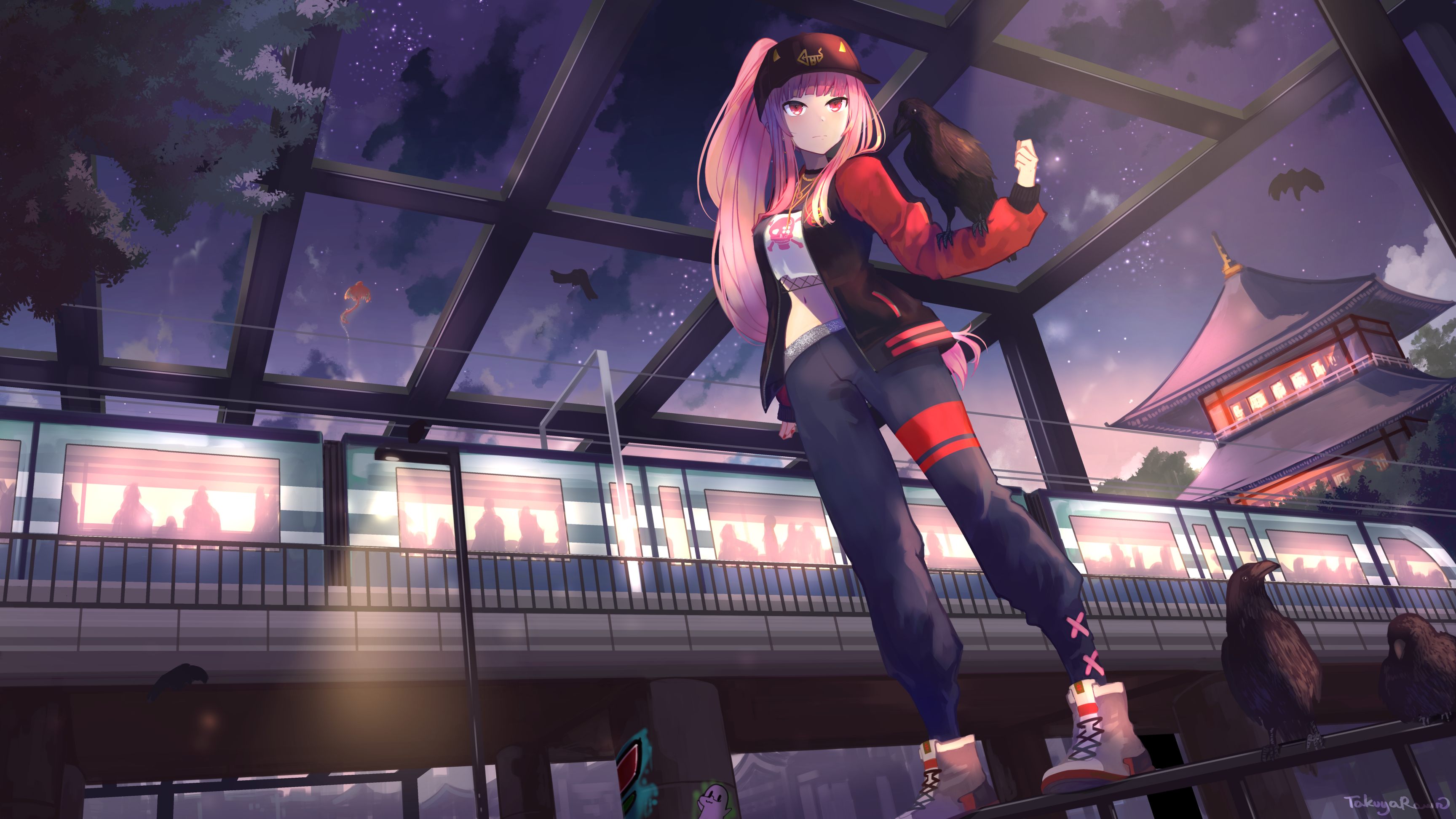 Mori Calliope from Hololive with crows at night HD Wallpaper