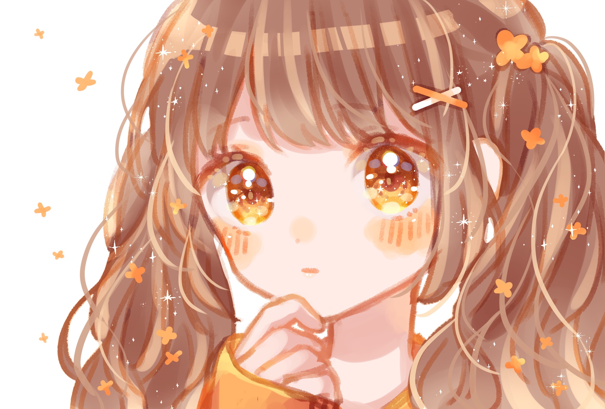 Anime girl with brown pigtails and orange flowers HD Wallpaper