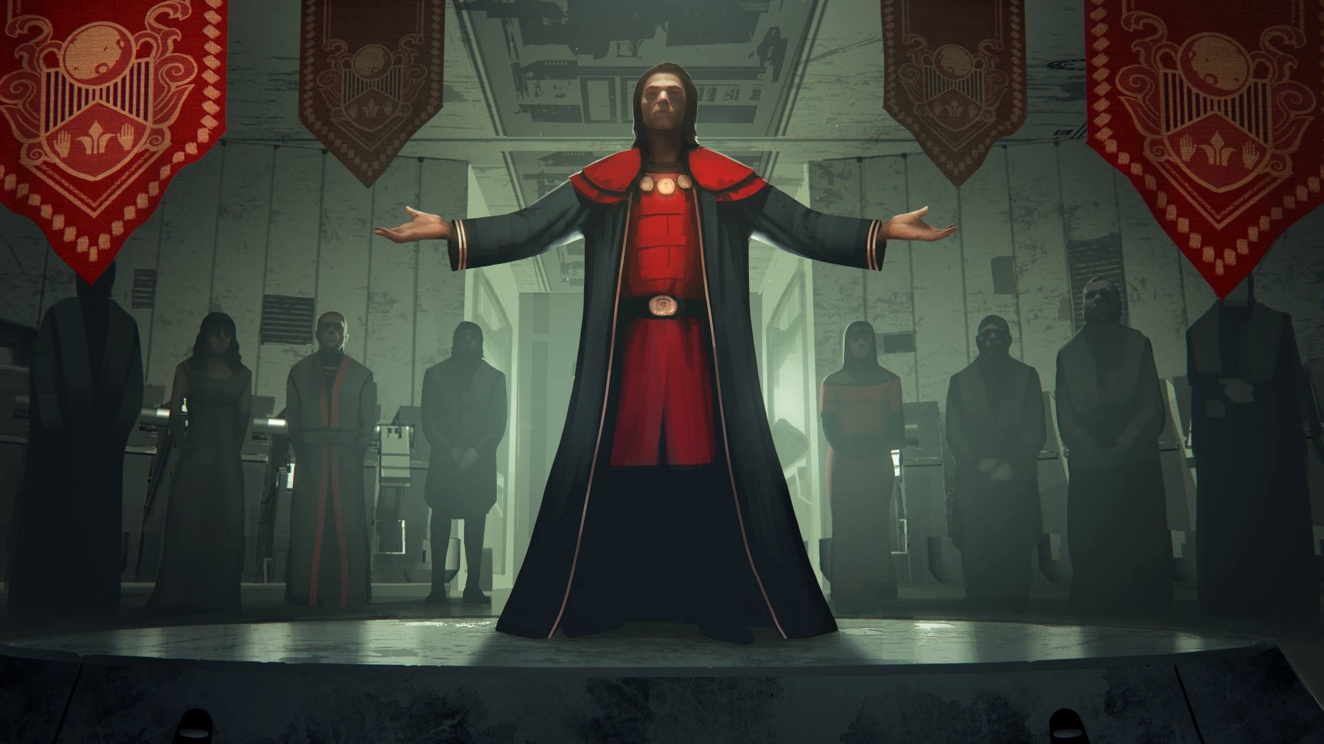 Man in red and black robes addressing people in Star Dynasties HD Wallpaper