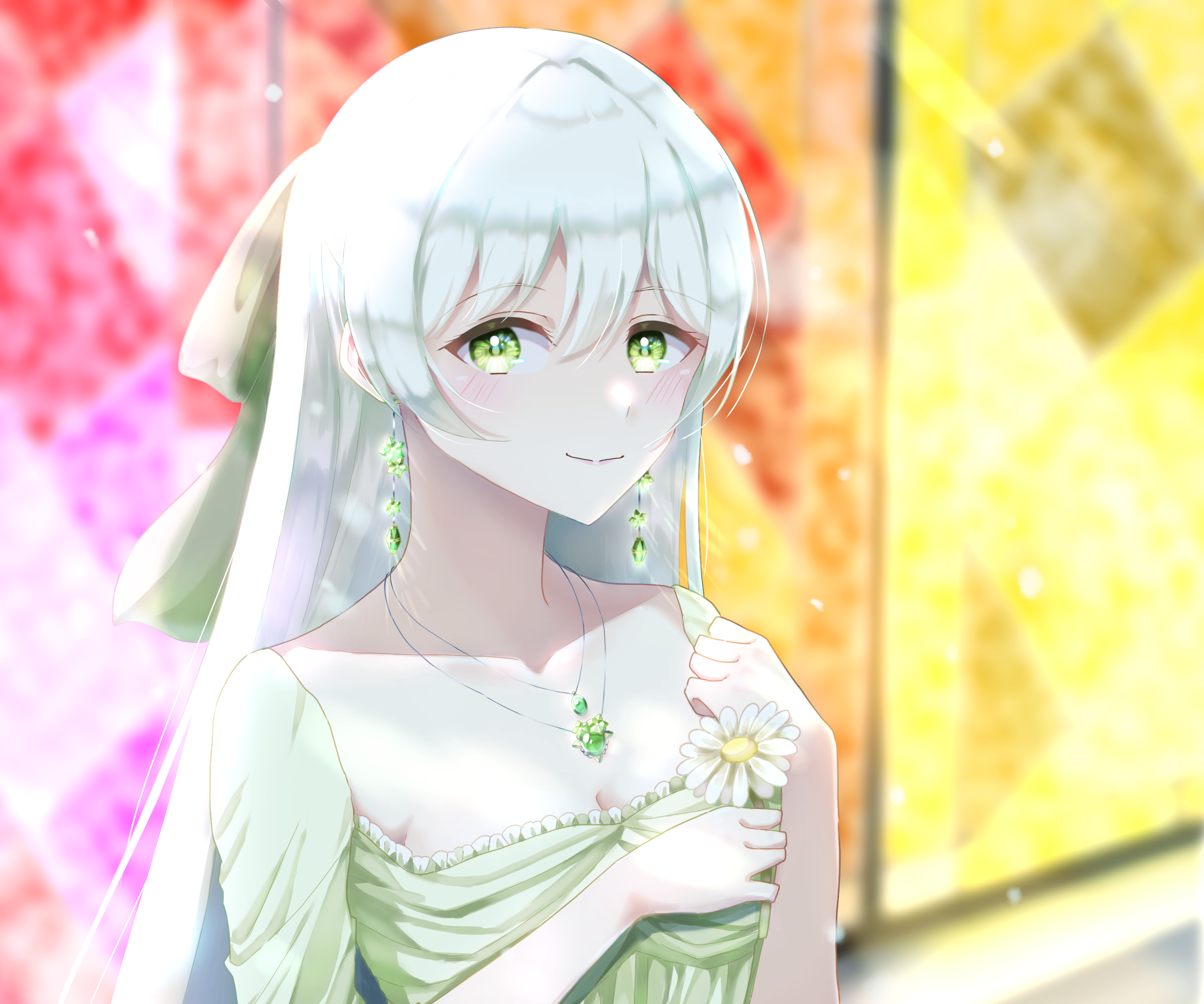 Anime girl with white hair and green eyes HD Wallpaper