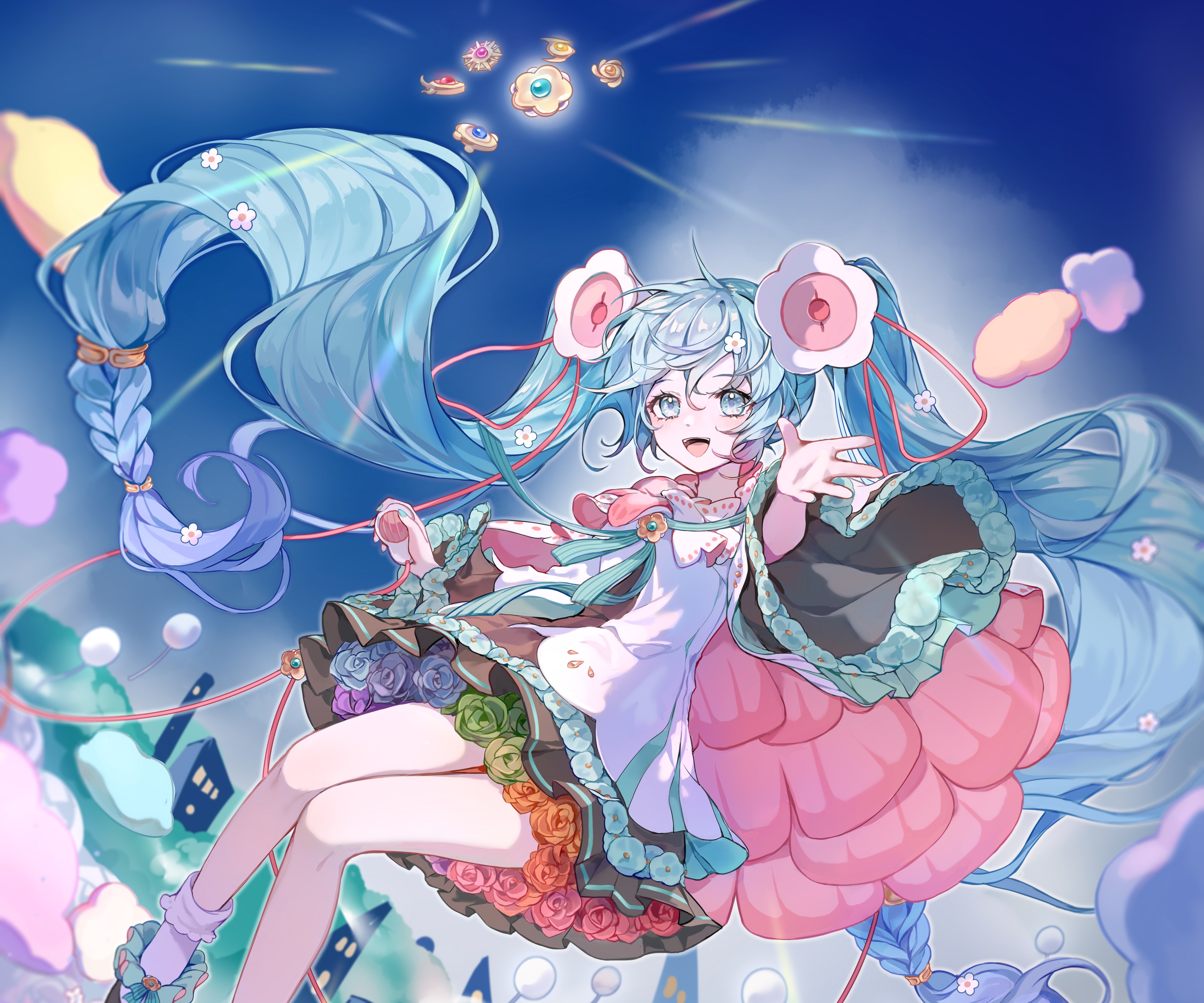 Hatsune Miku floating in a dreamlike sky HD Wallpaper