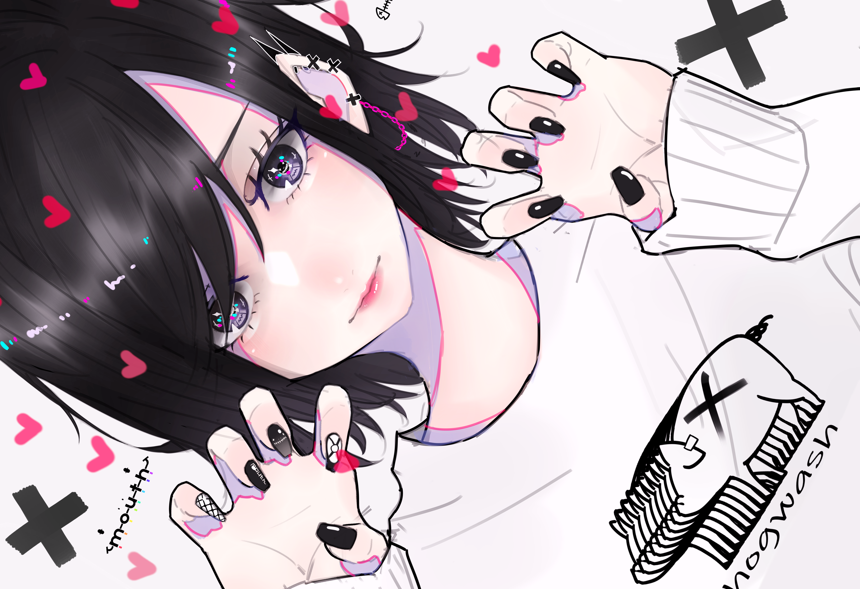 Anime girl with black hair and pink hearts HD Wallpaper